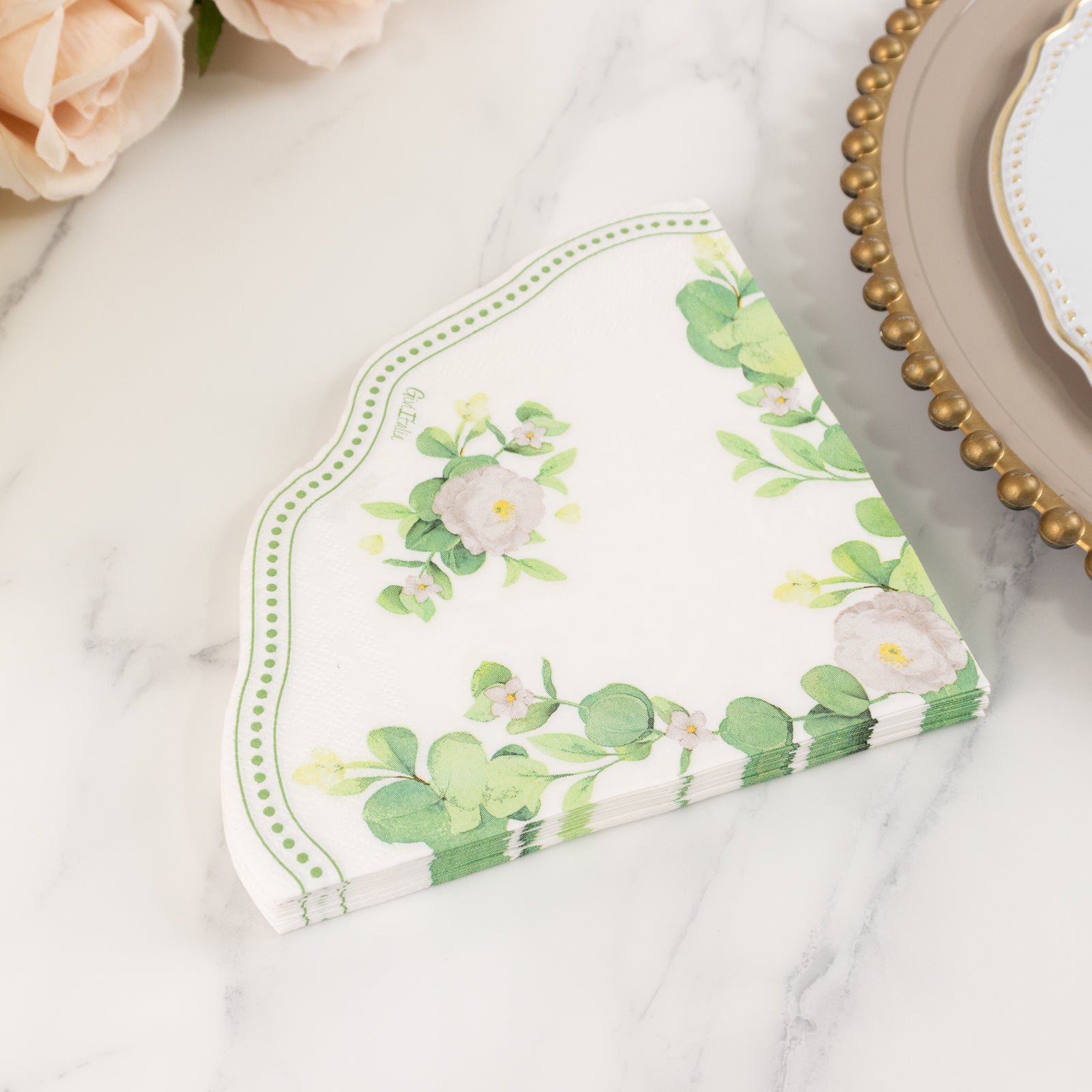 Hot! 25-Pack Disposable 2-Ply Round White Paper Cocktail Napkins with Floral Greenery & Scalloped Edge