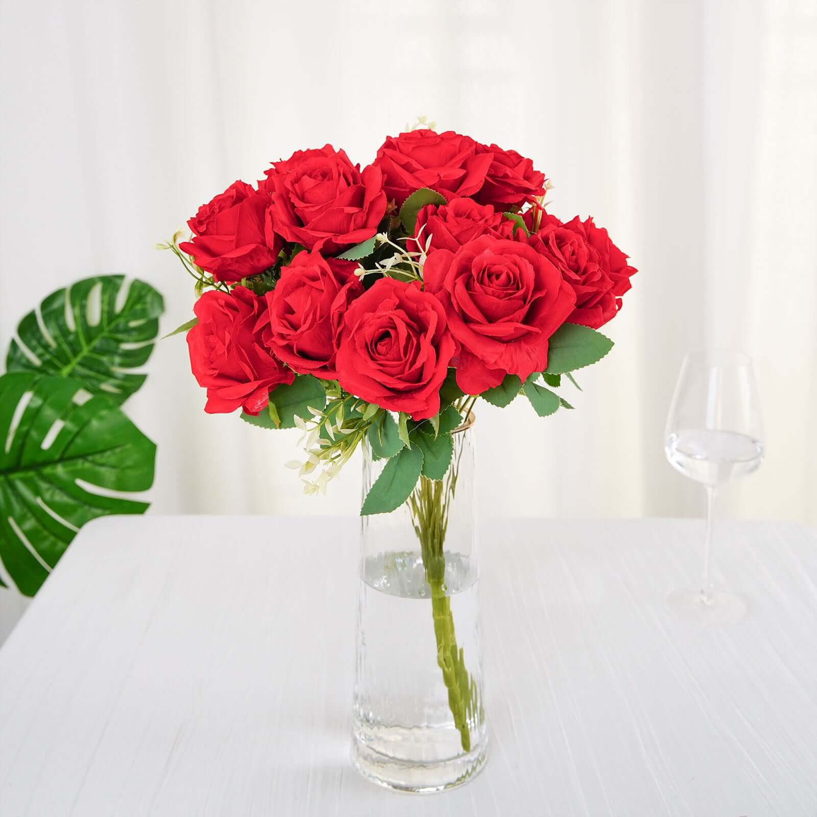 18-Piece Real Touch Red Silk Artificial Rose Flower Bouquet with 2 Bushes
