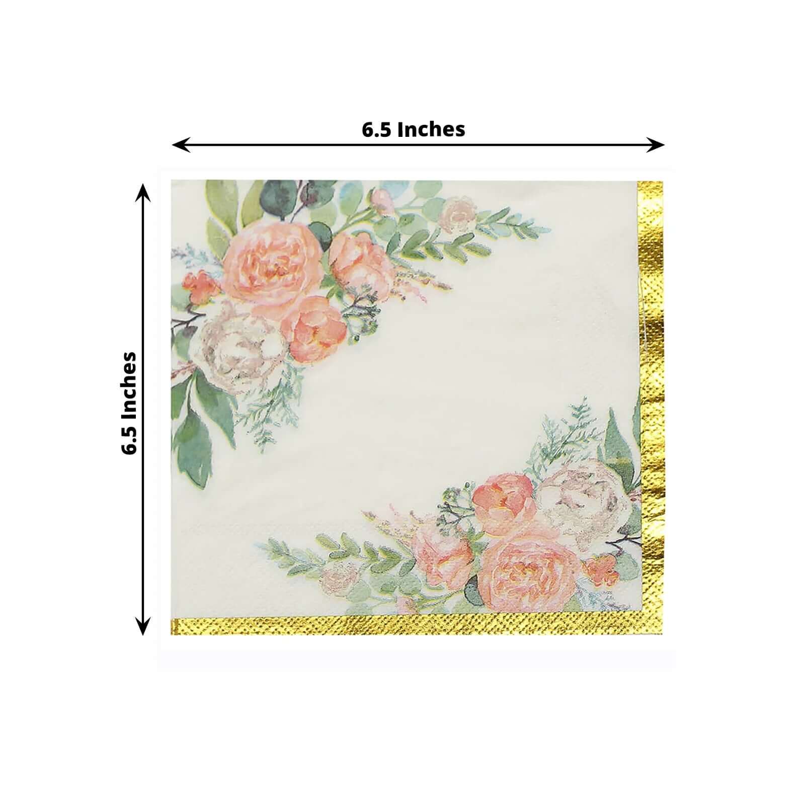 20-Pack 18GSM 2-Ply Wedding Paper Cocktail Napkins with Pink Peony Floral & Gold Trim