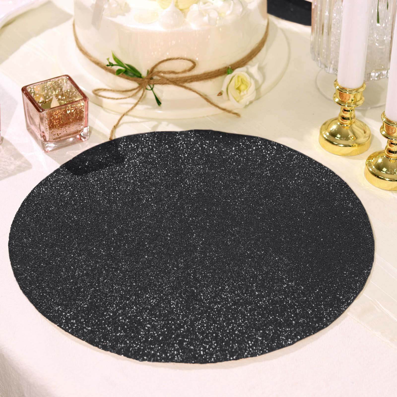 6-Piece Set of Non-Slip Black Glitter Round Placemats, 13 Inches