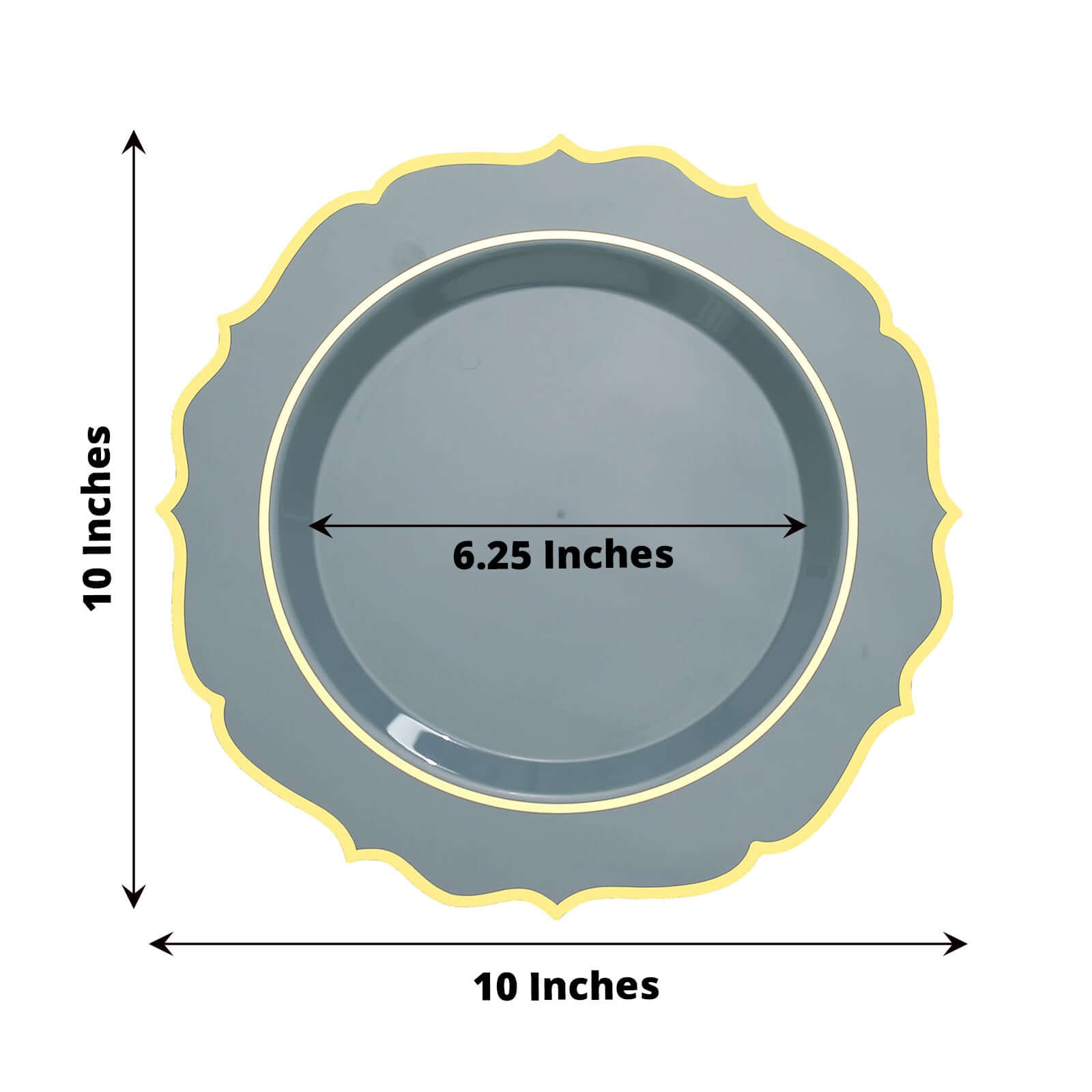 Get 10-Pack of Disposable Dusty Blue Plastic Round Dinner Plates with Gold Scalloped Rims for Party