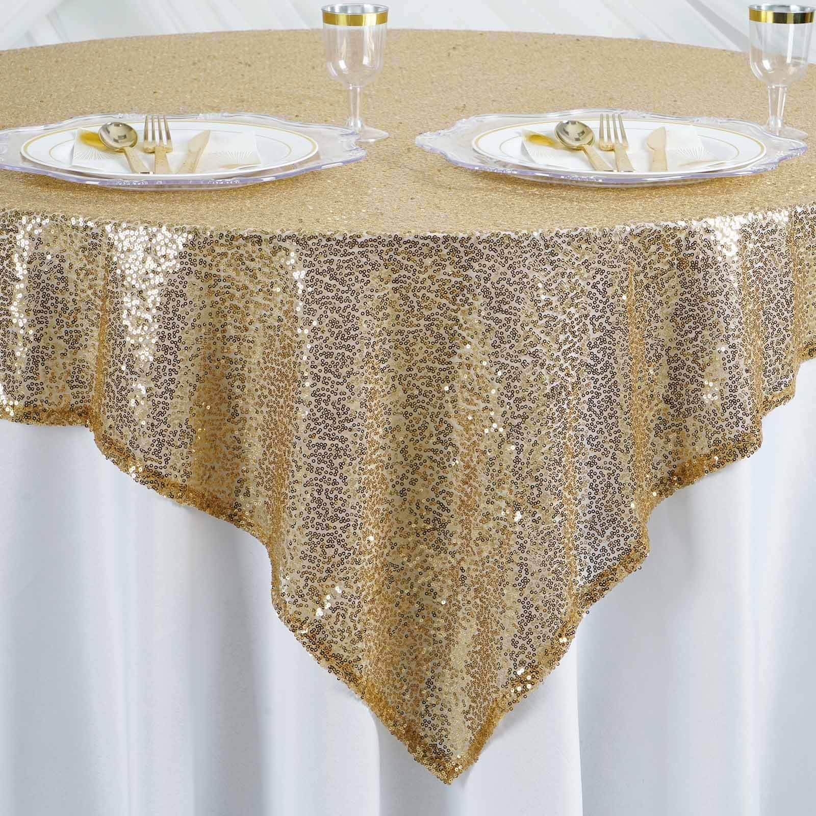 Luxe Gold Sequin Square Table Overlay 60x60 - Perfect for Weddings and Events