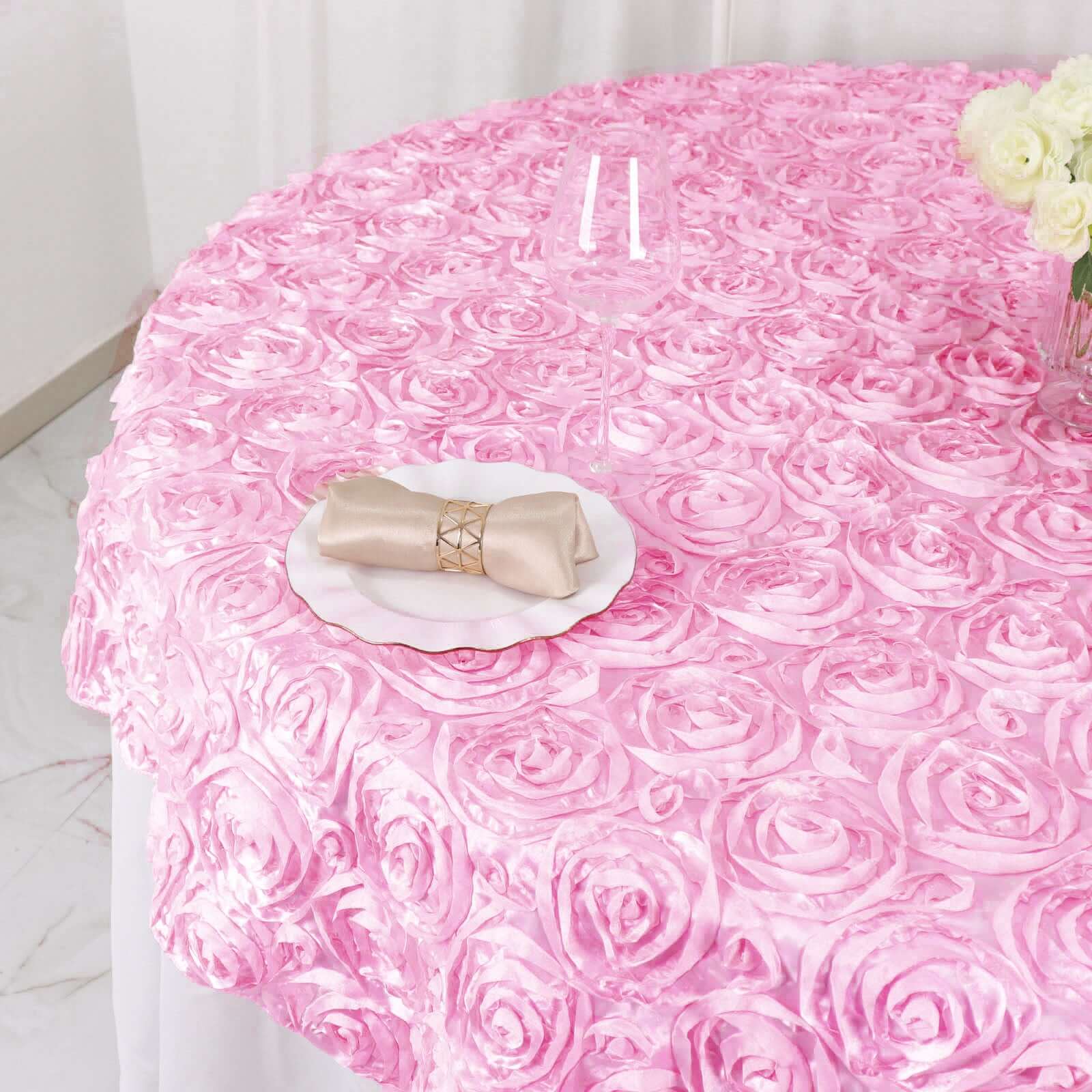 Pink 72x72 Satin Square Table Overlay with 3D Rosette Design