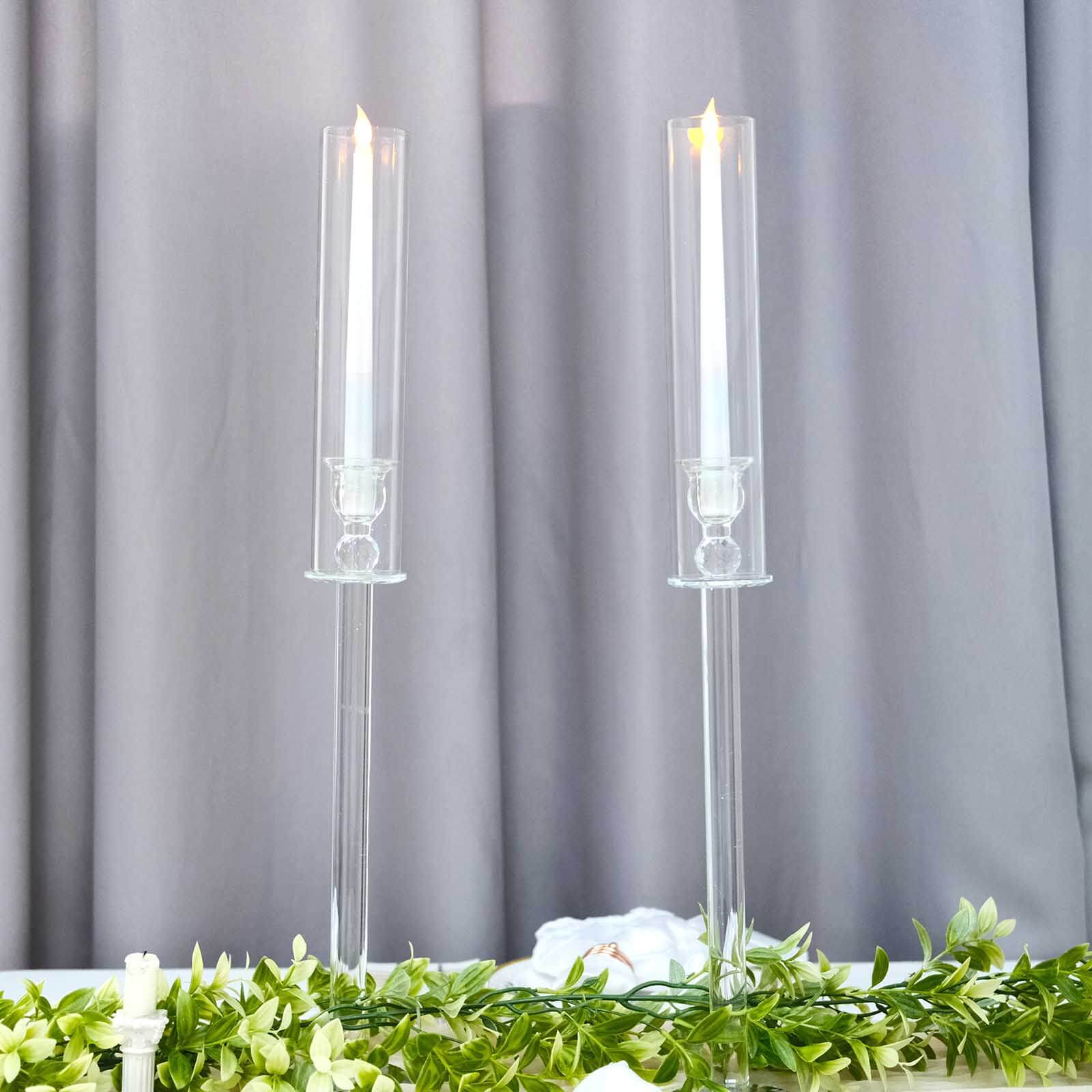 2-Pack Tall Clear Crystal Glass Hurricane Taper Candle Holders, Decorative 26-Inch Stands