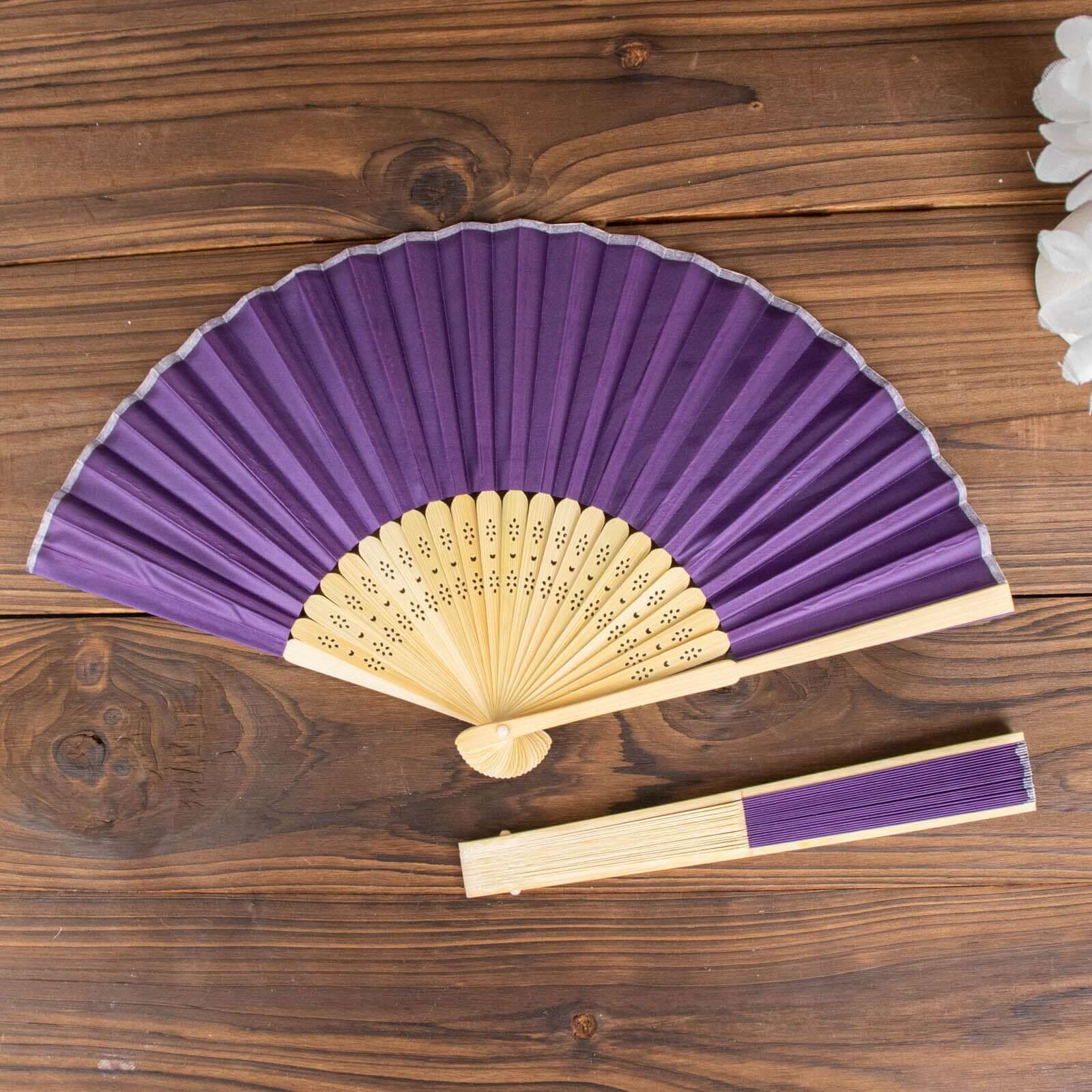 Set of 5 Purple Asian Silk Folding Fans - Ideal Party Favors