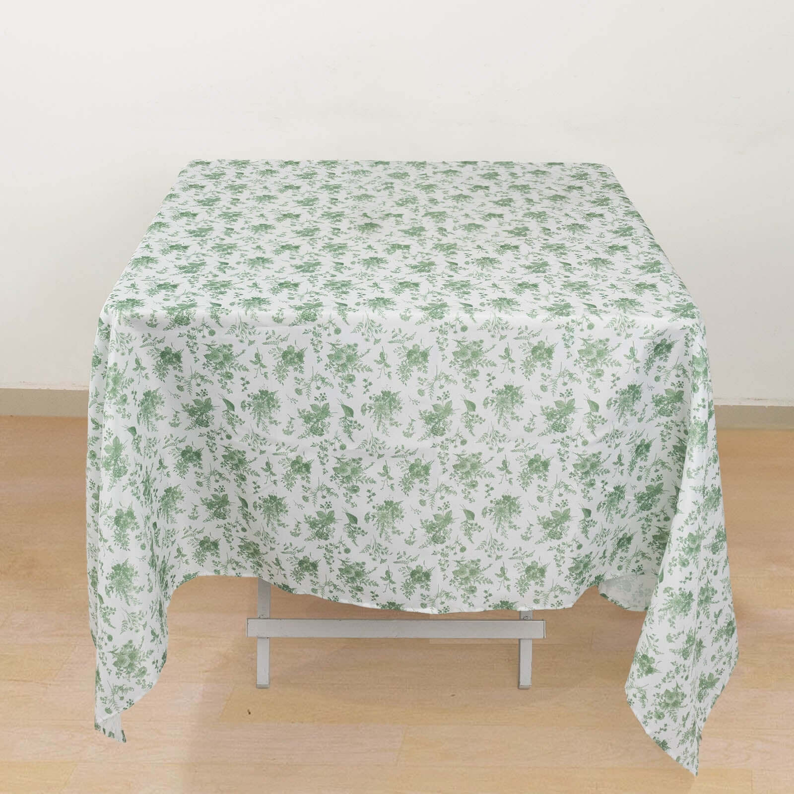 Exclusive 70x70 Polyester Square Tablecloth in Dusty Sage Green French Toile Pattern for Upscale Dining