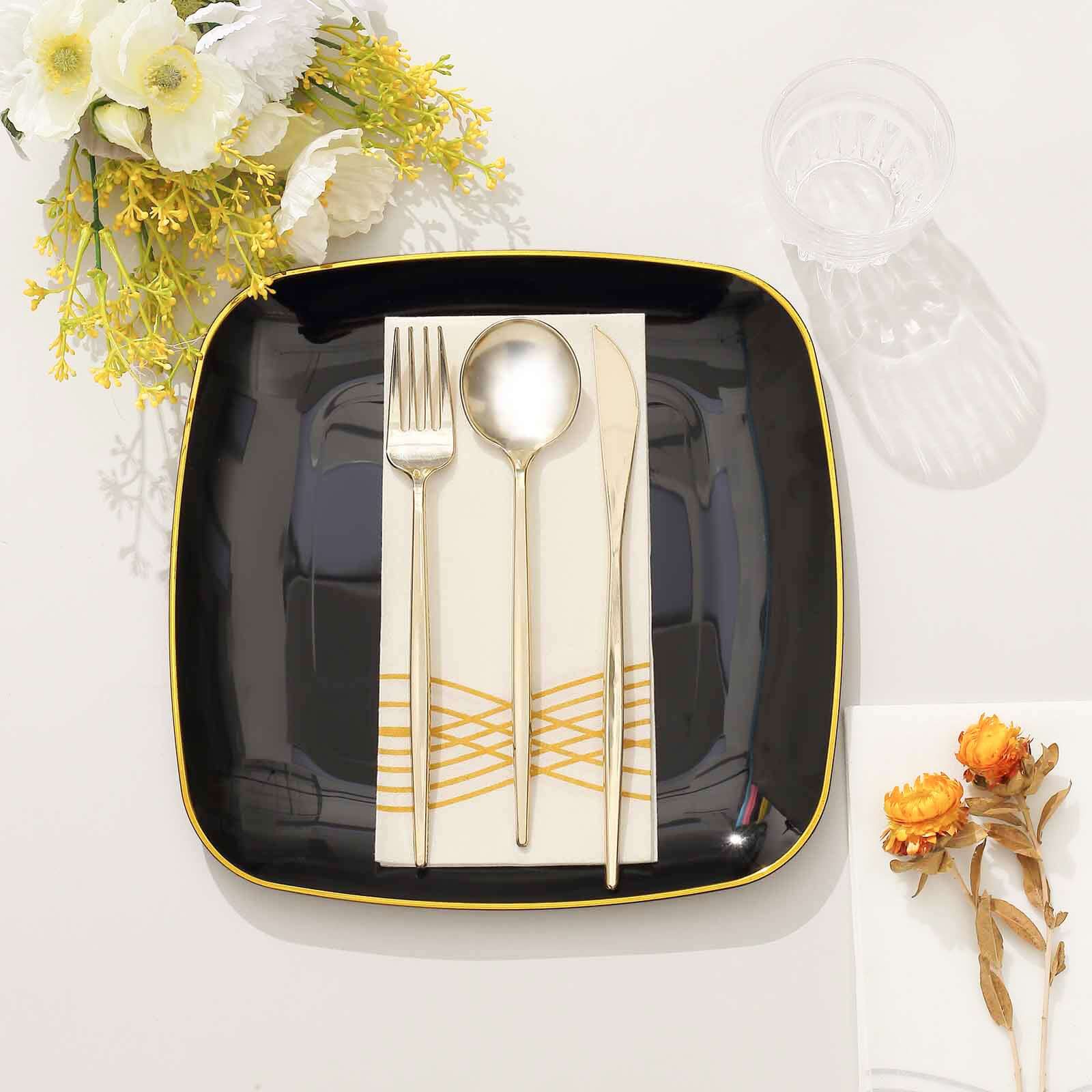 10-Pack Classy Disposable Black Plastic Dinner Plates with Gold Rim, 10 Square