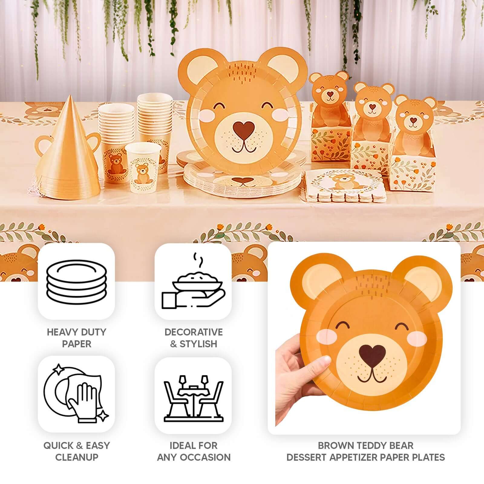 25-Pack Disposable 300GSM Brown Round Paper Plates with Cute Teddy Bear Print for Party