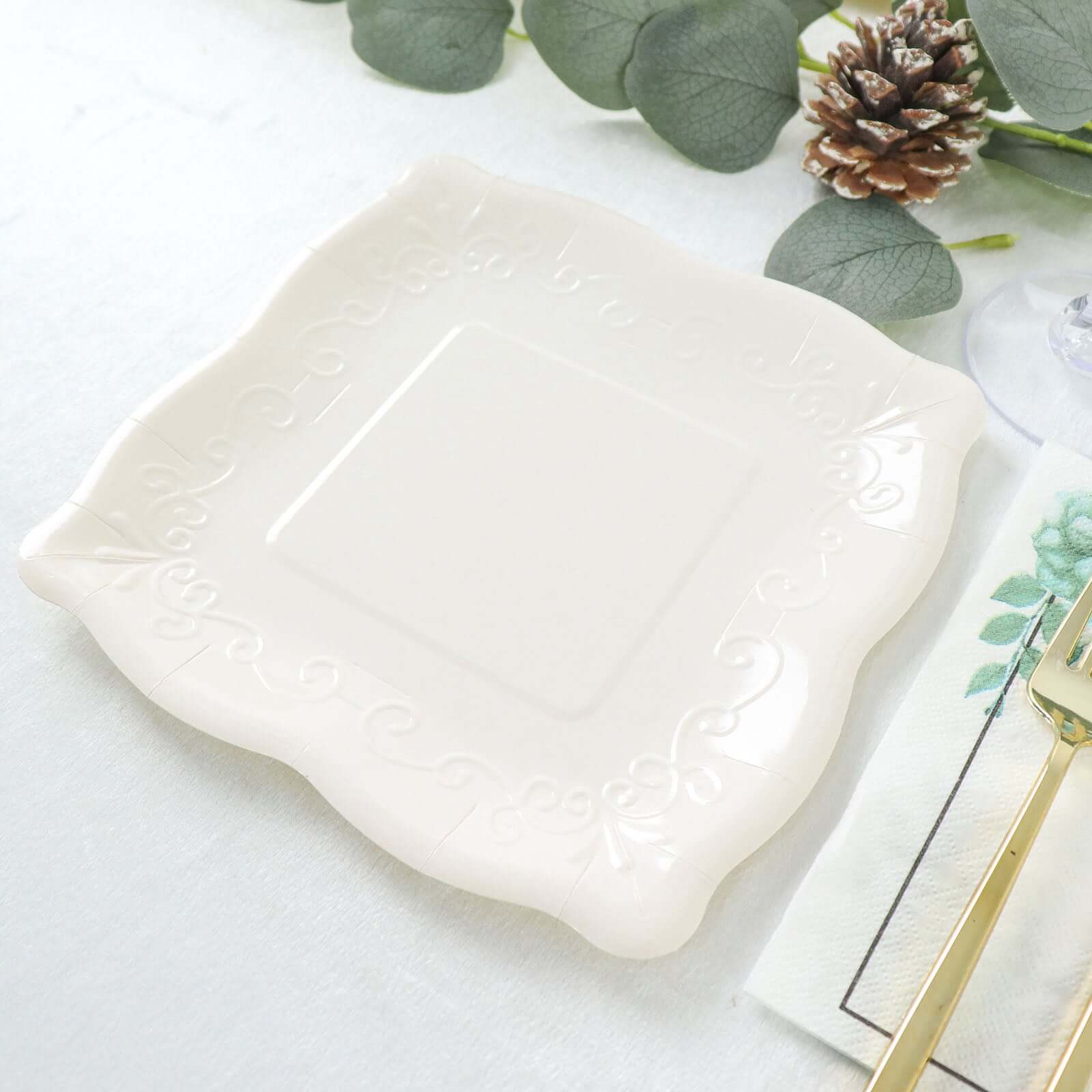 25-Pack White 7-Inch Square Disposable Dessert Plates with Vintage Pottery Embossed Design - Ideal for Special Events
