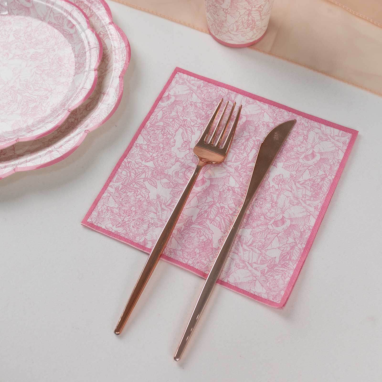 25-Pack Disposable Paper Cocktail Napkins with French Toile Floral Print in White/Pink - Highly Absorbent 2 Ply