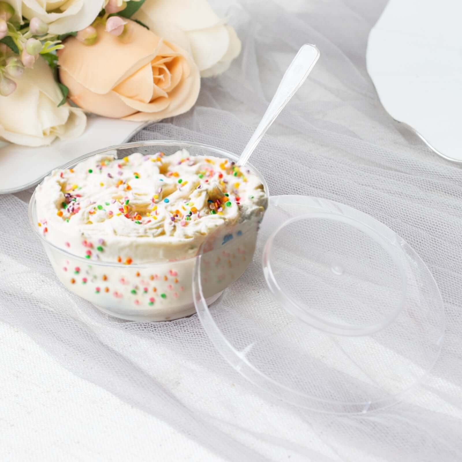 24-Piece Clear Plastic Mini Party Bowl Set with Lid and Spoon - 3.5oz Ideal for Desserts