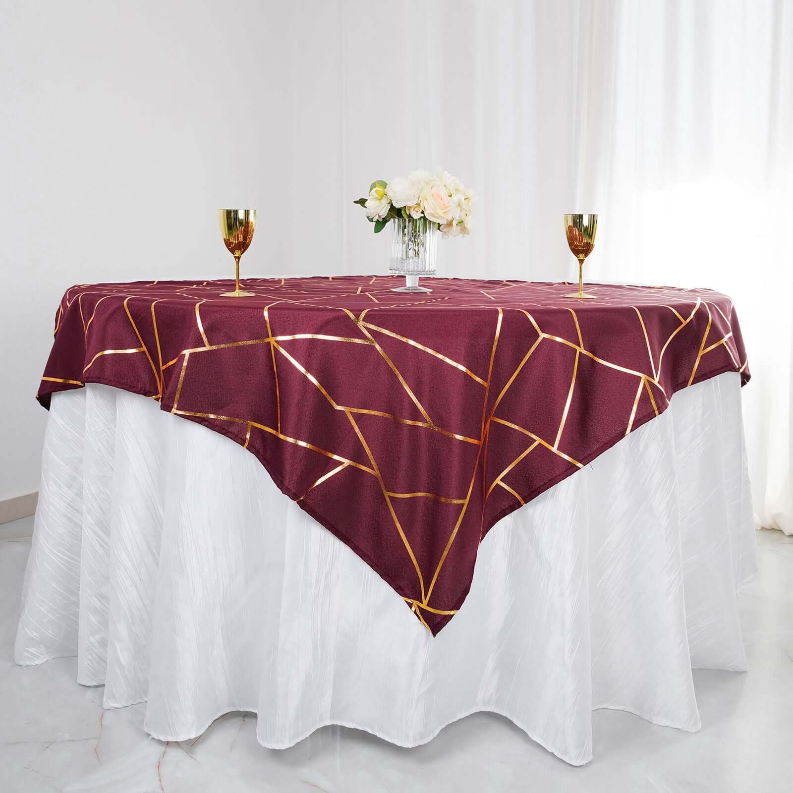 Hot! Wrinkle-Resistant & Durable Burgundy Polyester Table Overlay with Gold Foil Geometric Pattern, 54x54