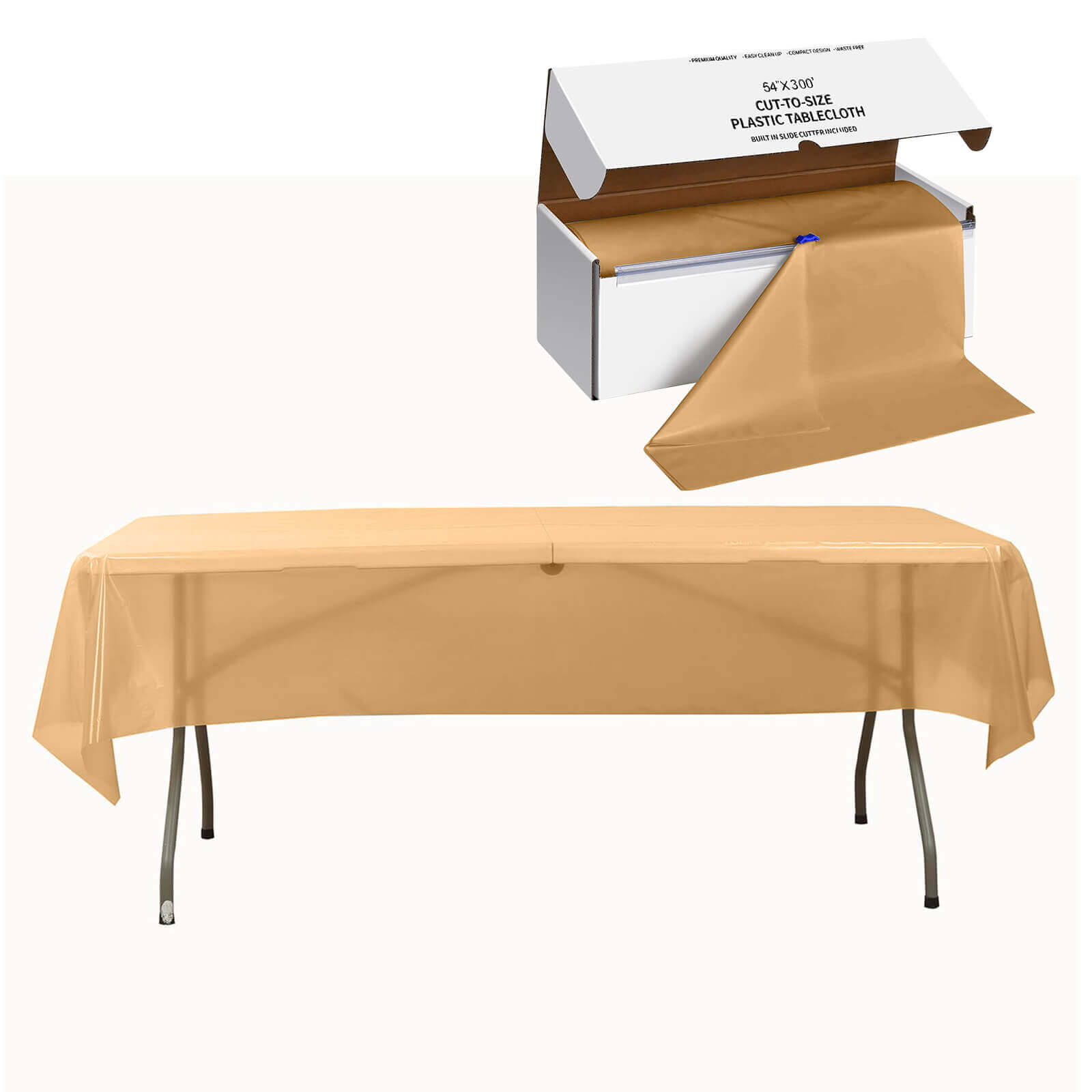 Customizable Gold Plastic Table Cover Roll with Slide Cutter, 54x300ft