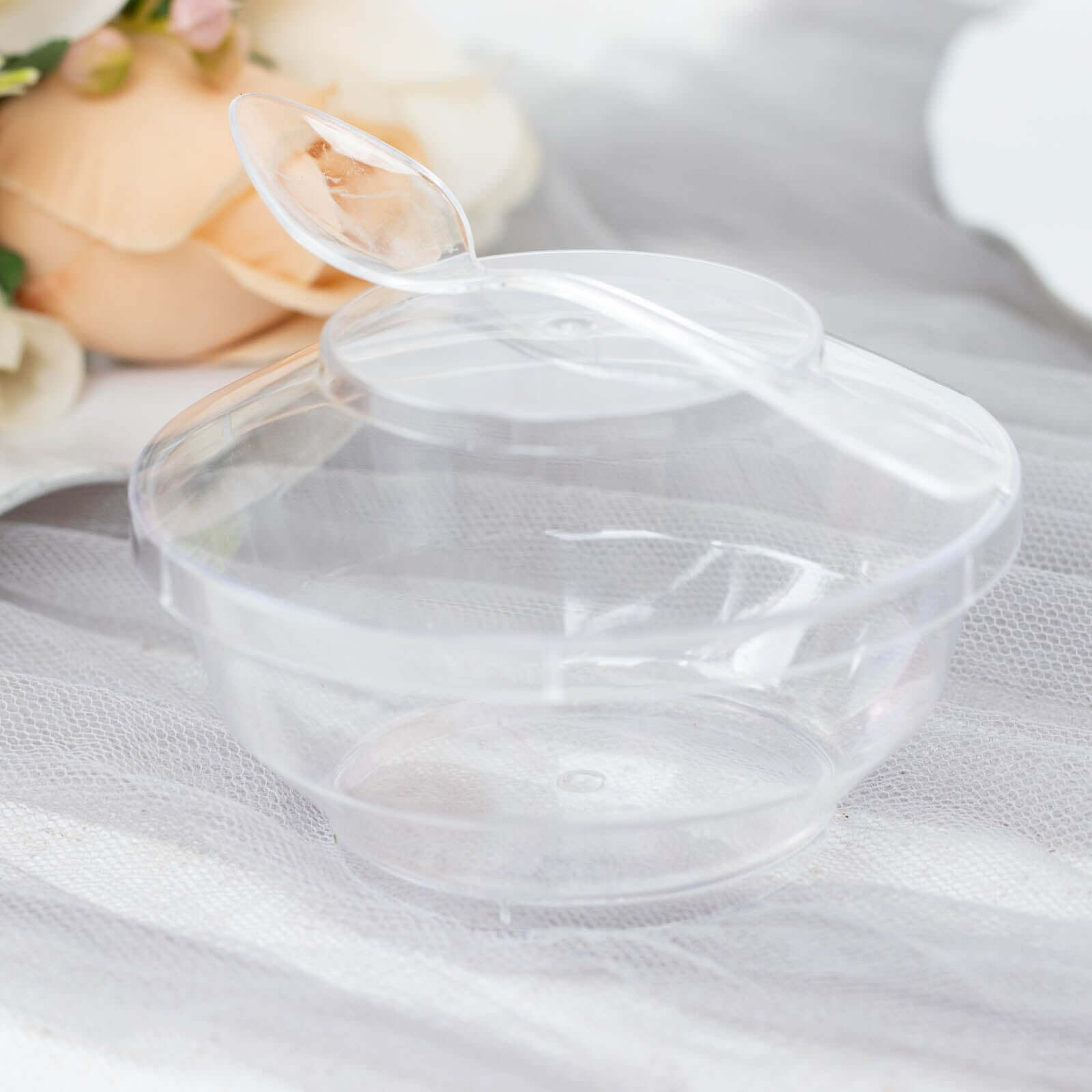 24-Piece Clear Plastic Mini Party Bowl Set with Lid and Spoon - 3.5oz Ideal for Desserts
