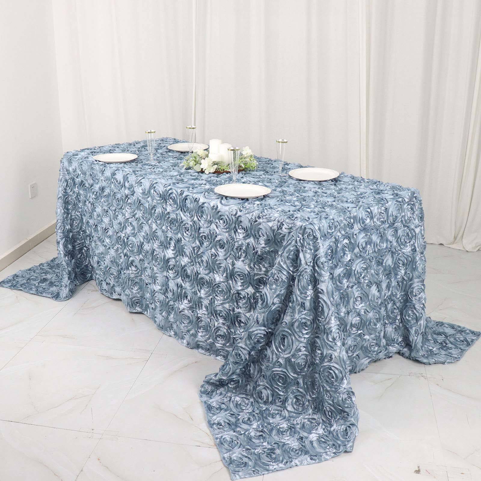 Dusty Blue High - Quality Satin 90x132 Rectangle Tablecloth with 3D Rosette Design