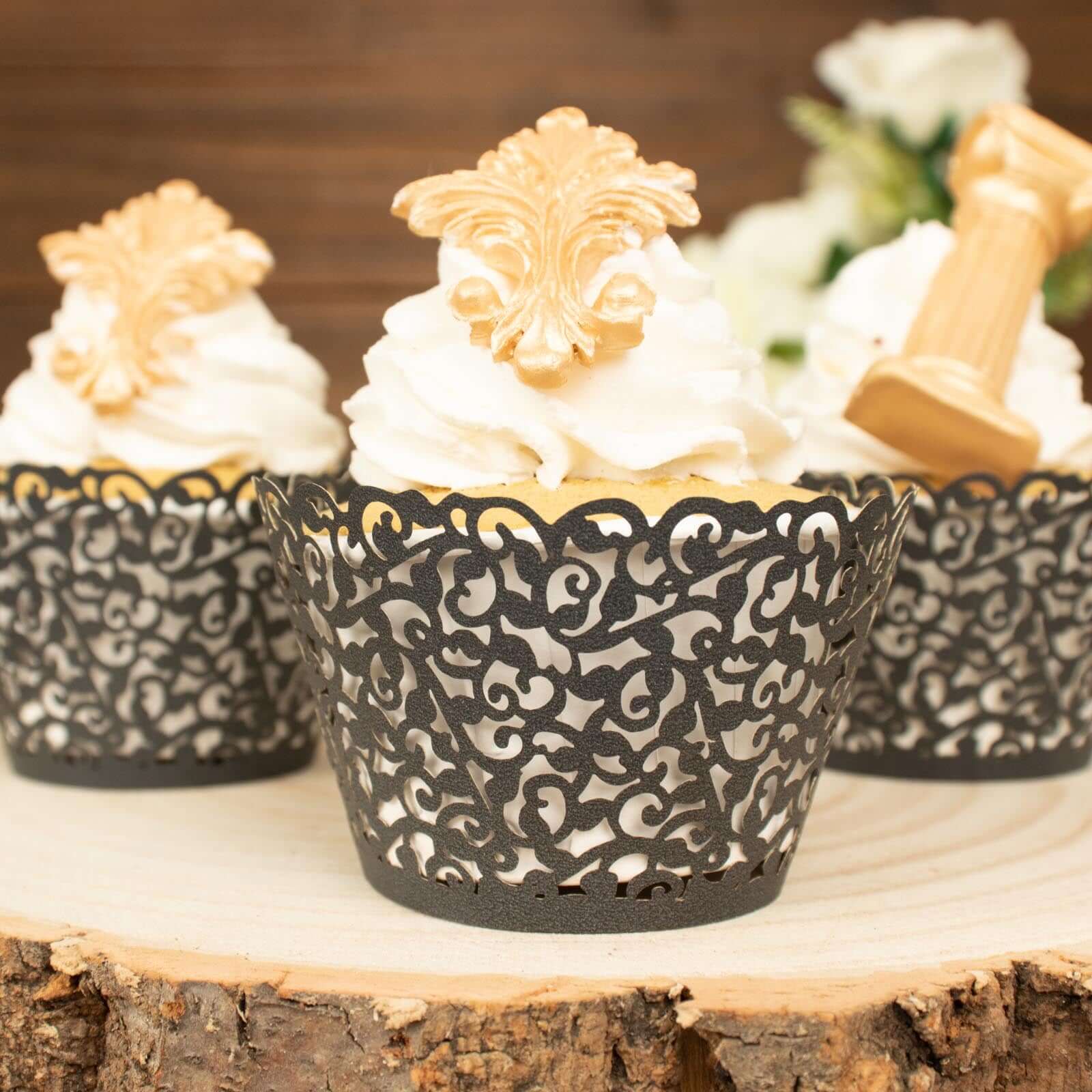25-Pack Premium Black Lace Laser-Cut Paper Cupcake Wrappers - Ideal for Events