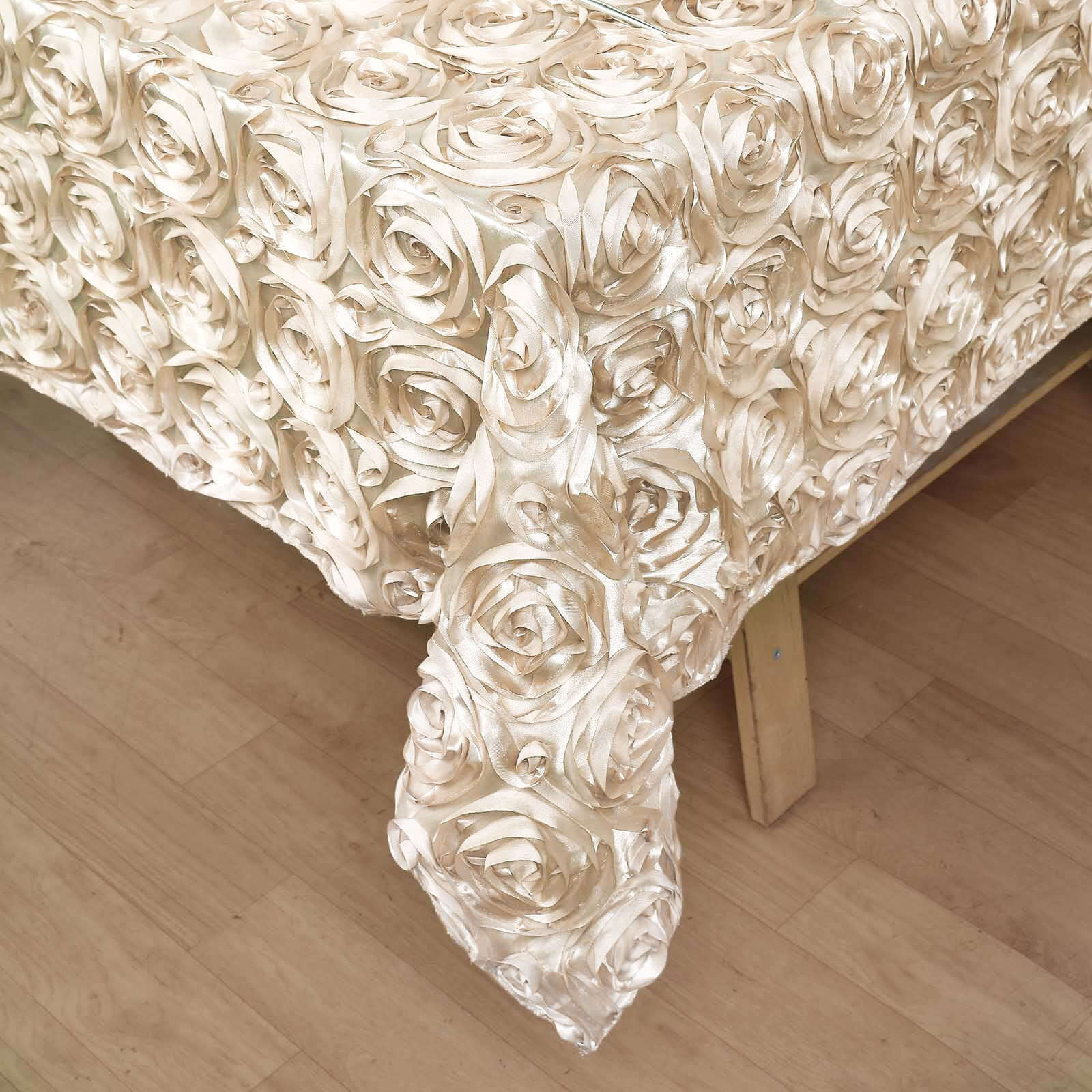 Beige 72x72 Satin Square Table Overlay with 3D Rosette Design