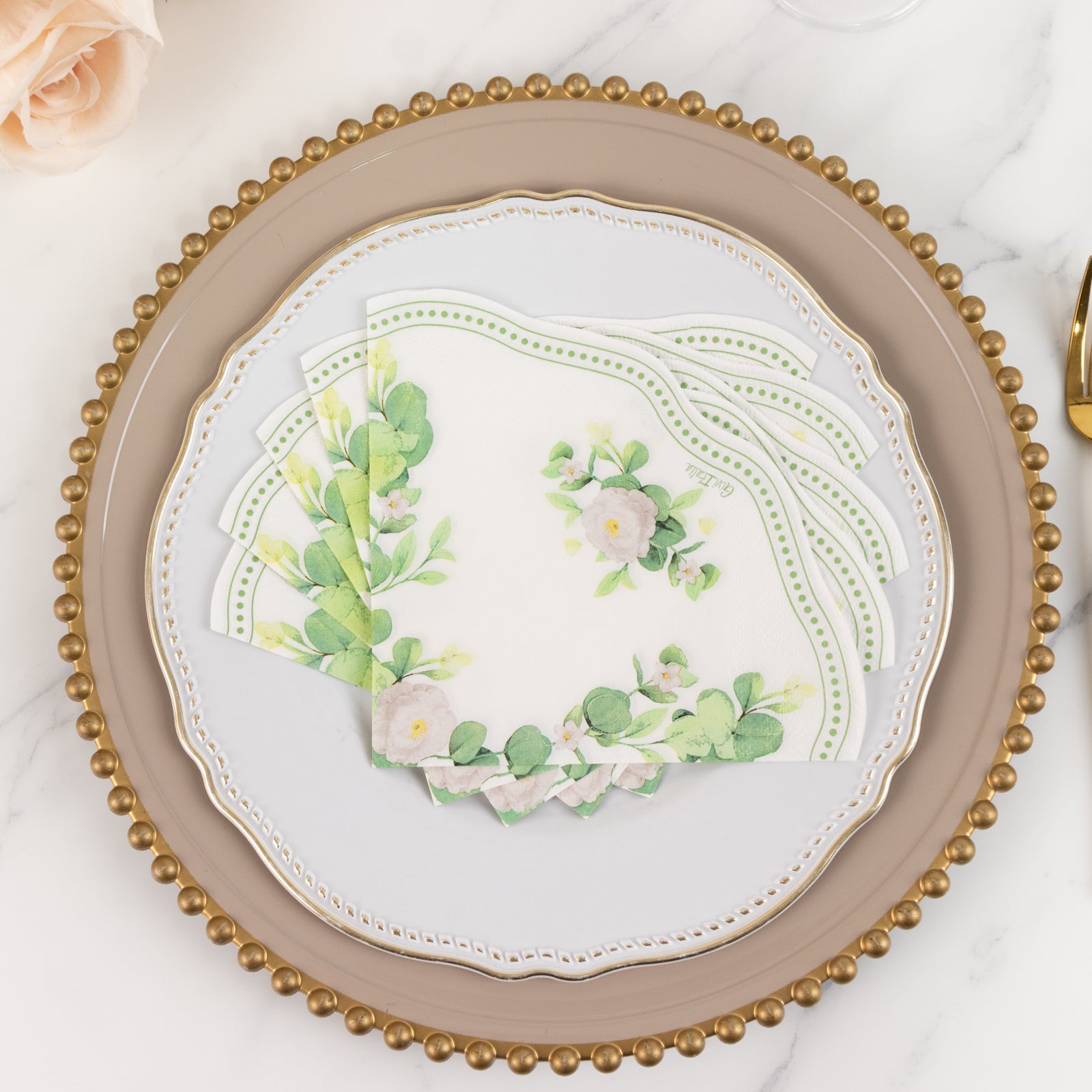 Hot! 25-Pack Disposable 2-Ply Round White Paper Cocktail Napkins with Floral Greenery & Scalloped Edge