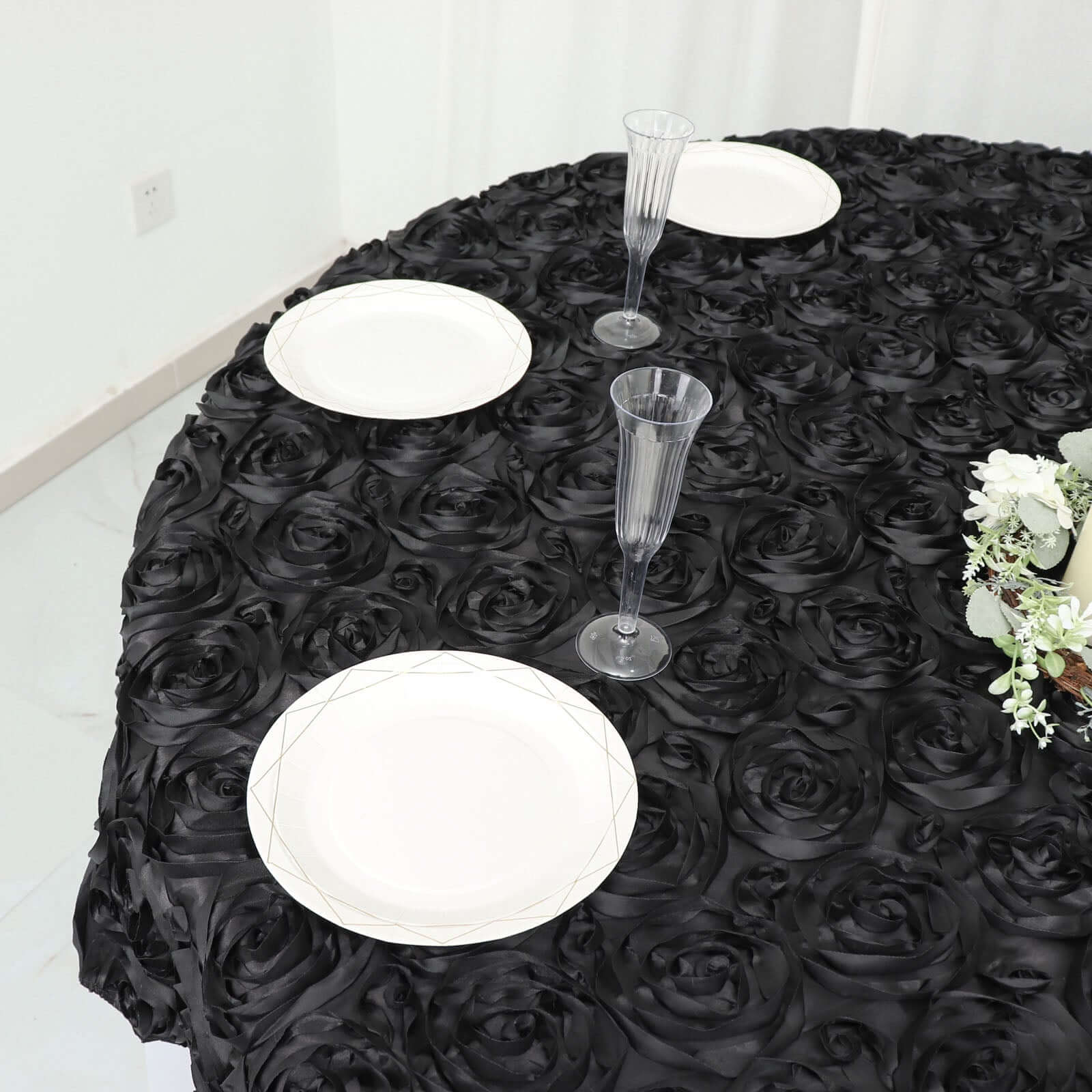 Black 72x72 Satin Square Table Overlay with 3D Rosette Design - Ideal for Stylish Events
