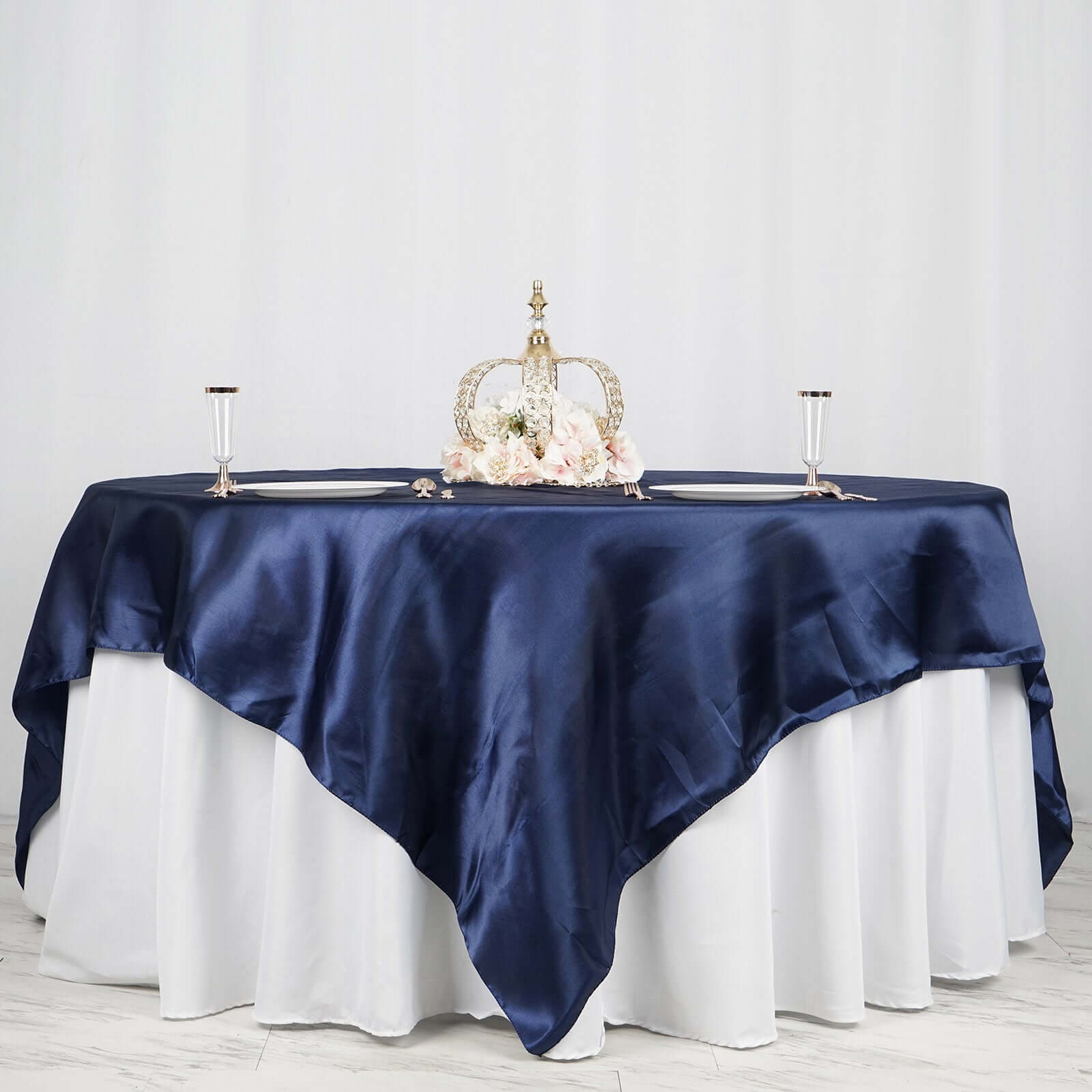 Navy Blue Satin 90x90 Square Table Overlay - Smooth Finish Table Topper for Special Occasions