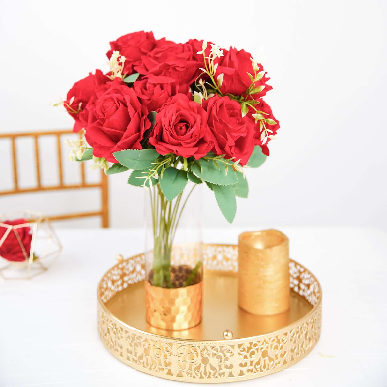 18-Piece Real Touch Red Silk Artificial Rose Flower Bouquet with 2 Bushes