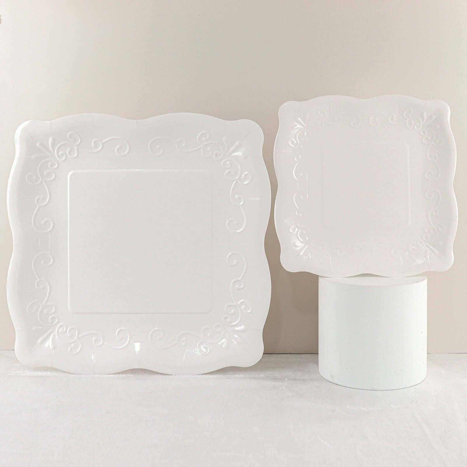 25-Pack White 7-Inch Square Disposable Dessert Plates with Vintage Pottery Embossed Design - Ideal for Special Events