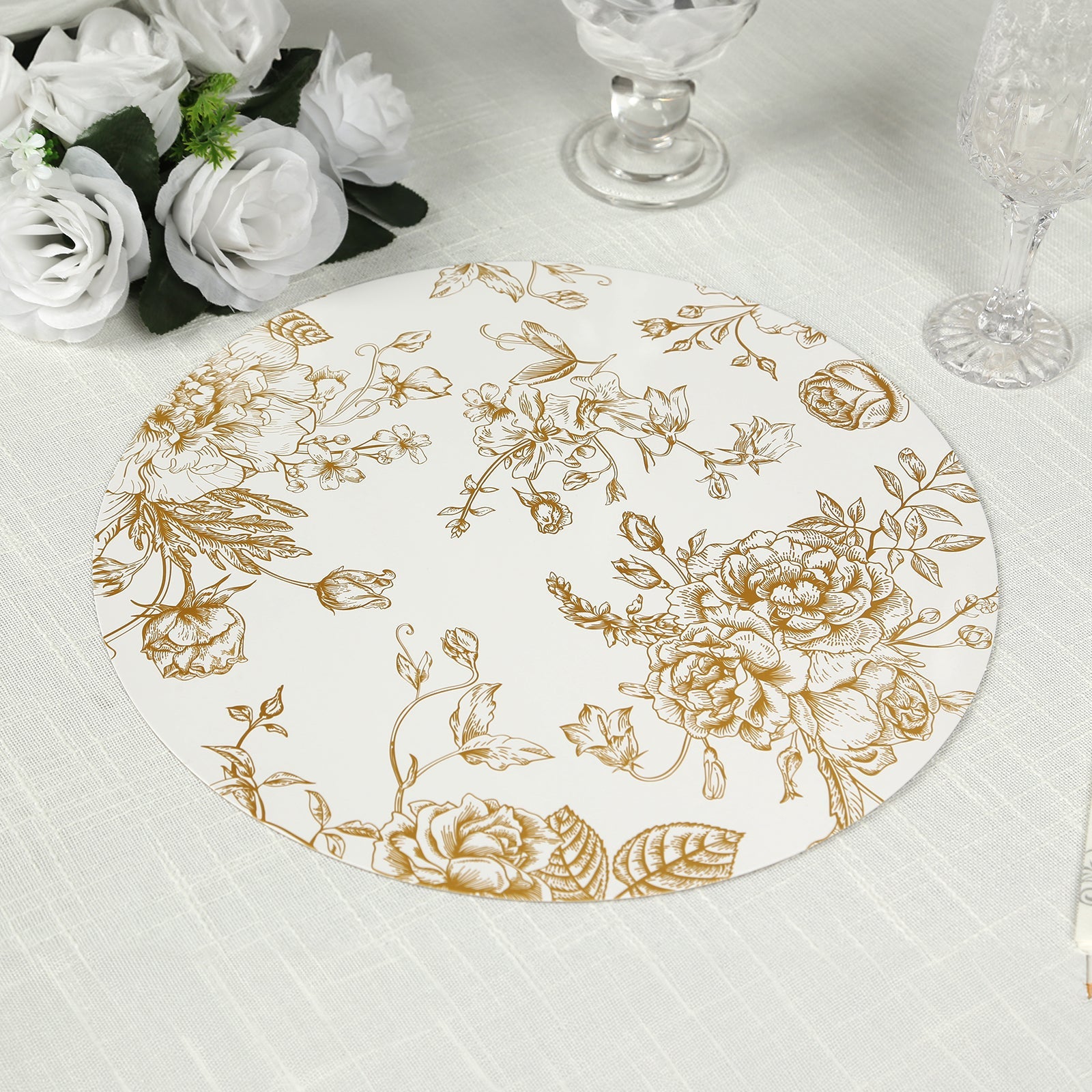 6-Piece Disposable White/Gold French Toile Print Cardboard Placemats, 13-Inch