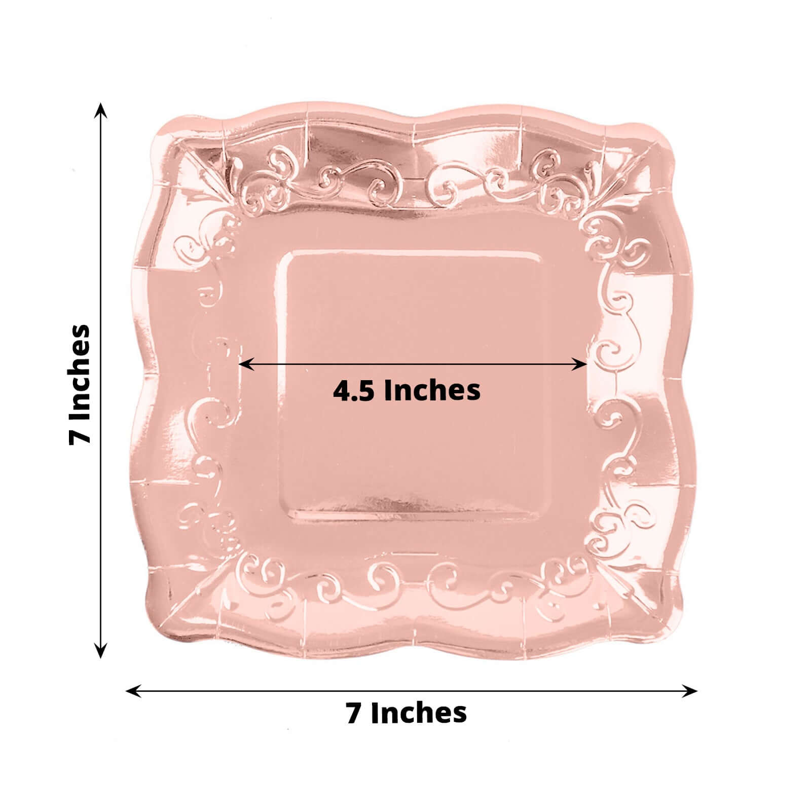 Hot Sale! 25-Pack Disposable Rose Gold Square Dessert Appetizer Paper Plates with Vintage Pottery Embossed Design