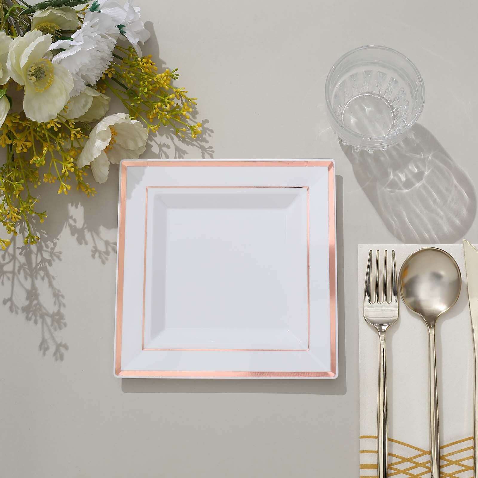 10-Piece Set of Durable Disposable White Square Salad & Dessert Plates with Rose Gold Trim, 7 Inches