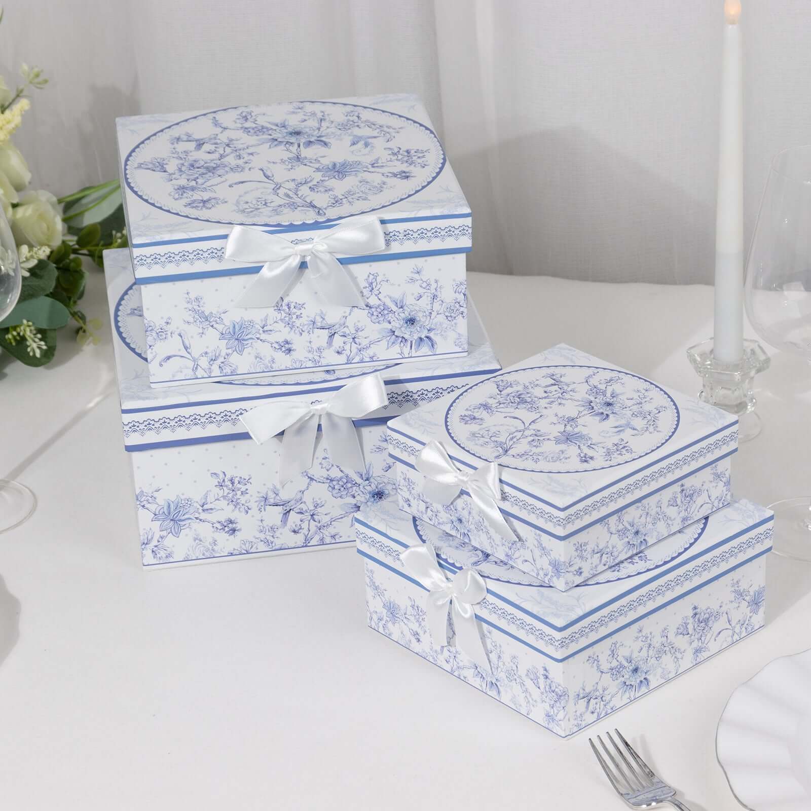 Hot! Set of 4 White & Blue French Toile Cardstock Nesting Gift Boxes - Stackable & Reusable
