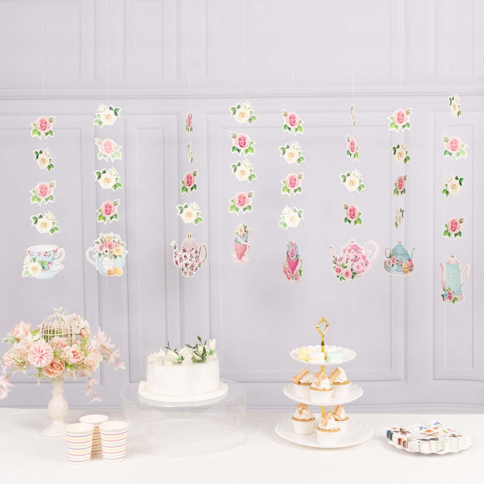 8-Pack Double-Sided Floral Tea Party Paper Garland Set: 40 Pre-Assembled Mixed Teapot Decorations