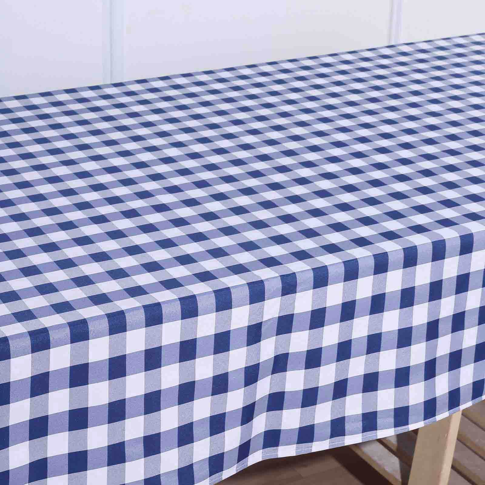 White/Navy Blue Checkered Buffalo Plaid Polyester Tablecloth - 60x102, Ideal for Events