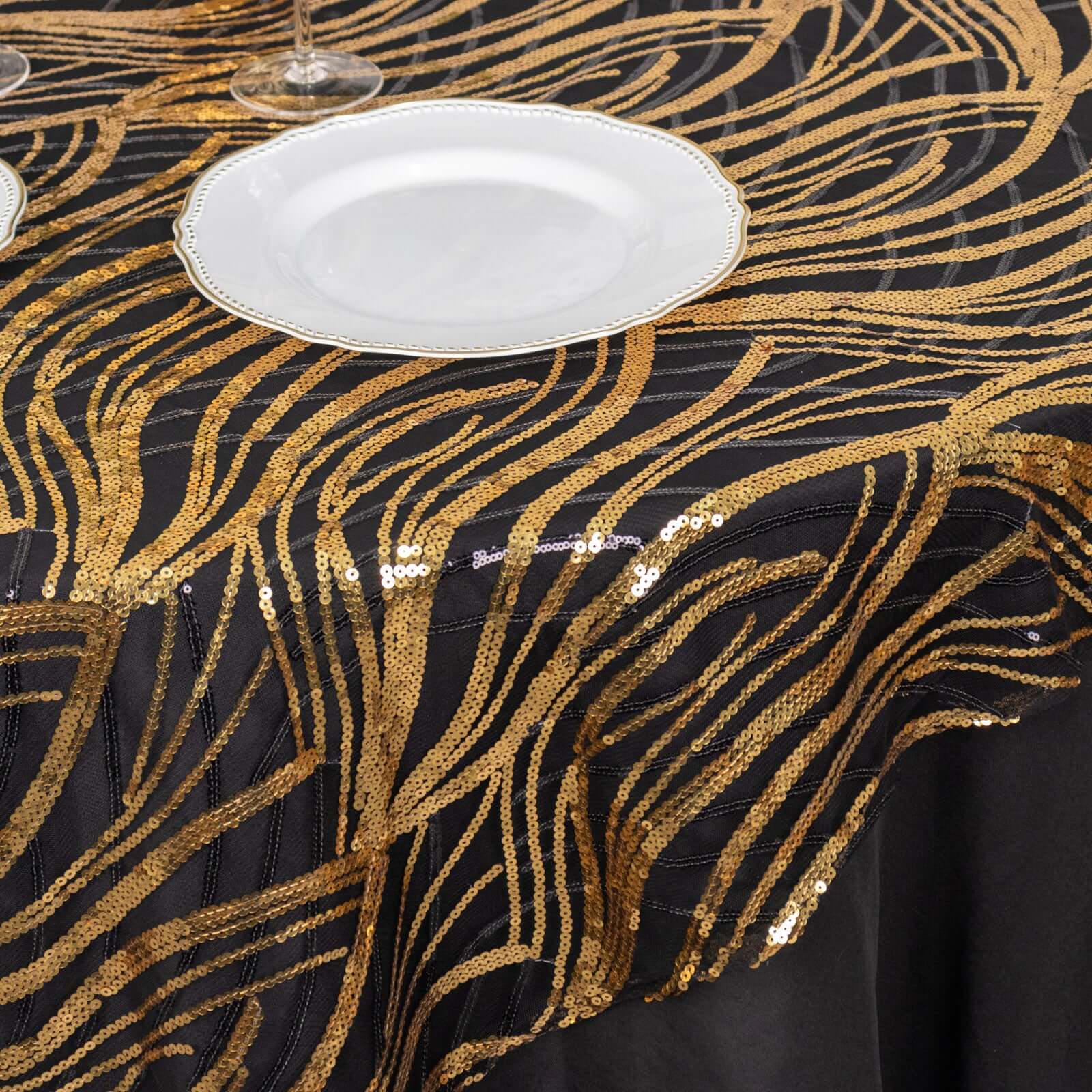 Black Gold Square Mesh Table Overlay with Wave Embroidered Sequins - Exclusive Offer