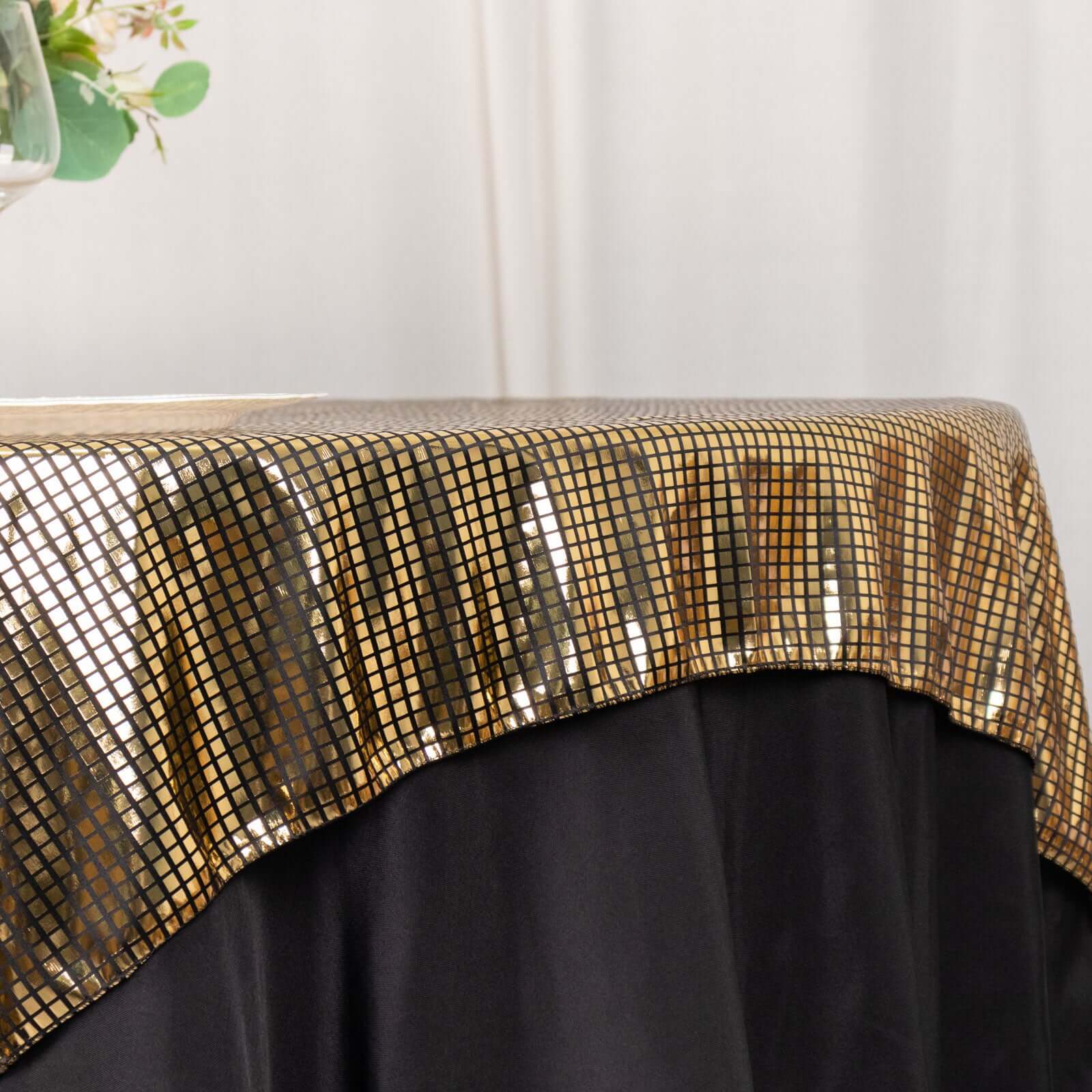 Stylish Black - Gold Foil Disco Mirror Ball Polyester 72x72 Square Table Overlay for Celebrations