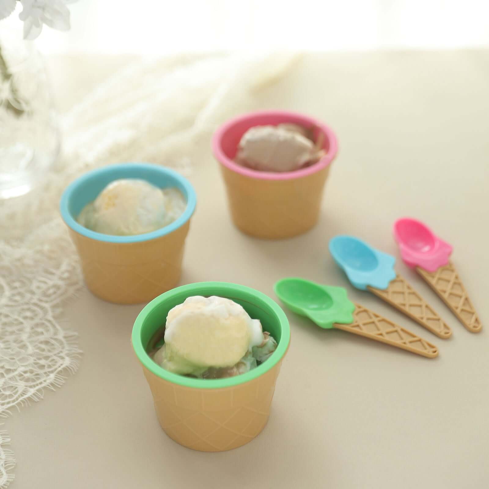 Set of 6 BPA-Free Plastic Dessert Cups with Waffle Design in Blue, Green, Pink & Matching Spoons