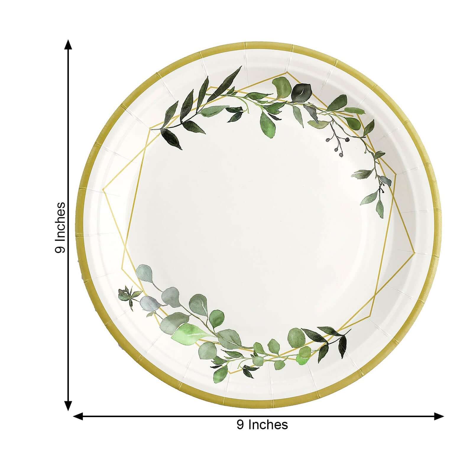 24-Pack 9-Inch White Disposable Paper Dinner Plates with Eucalyptus & Gold Rim