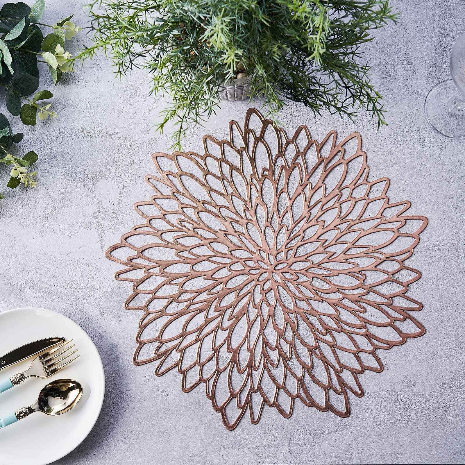 6-Piece Rose Gold Floral Round Non-Slip Vinyl Dining Table Mats, 15 Inches