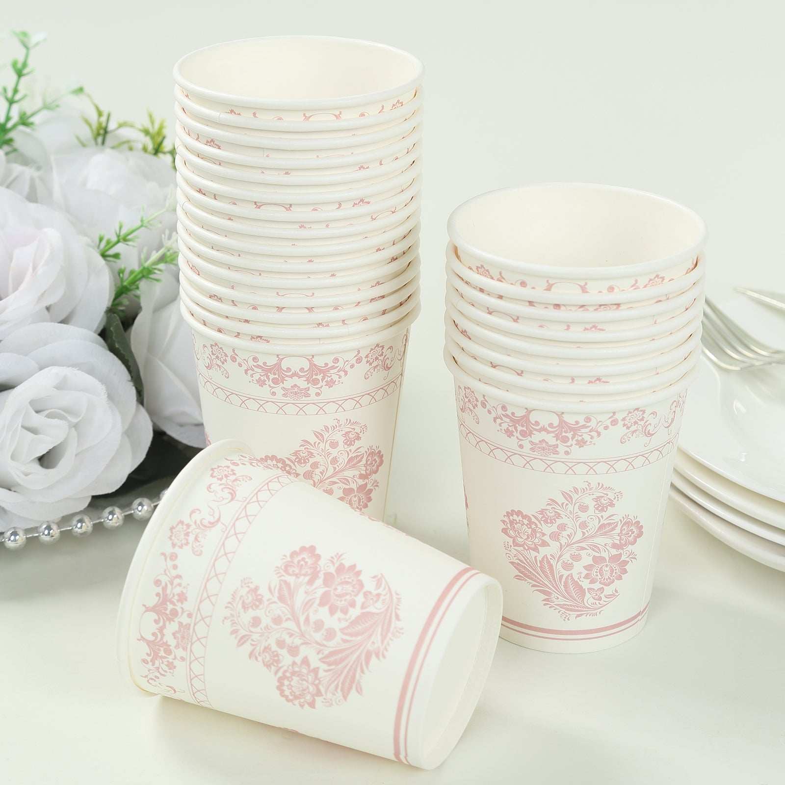 Hot Deal! 24-Pack 9oz Disposable Paper Party Cups in Elegant White Pink French Toile Pattern