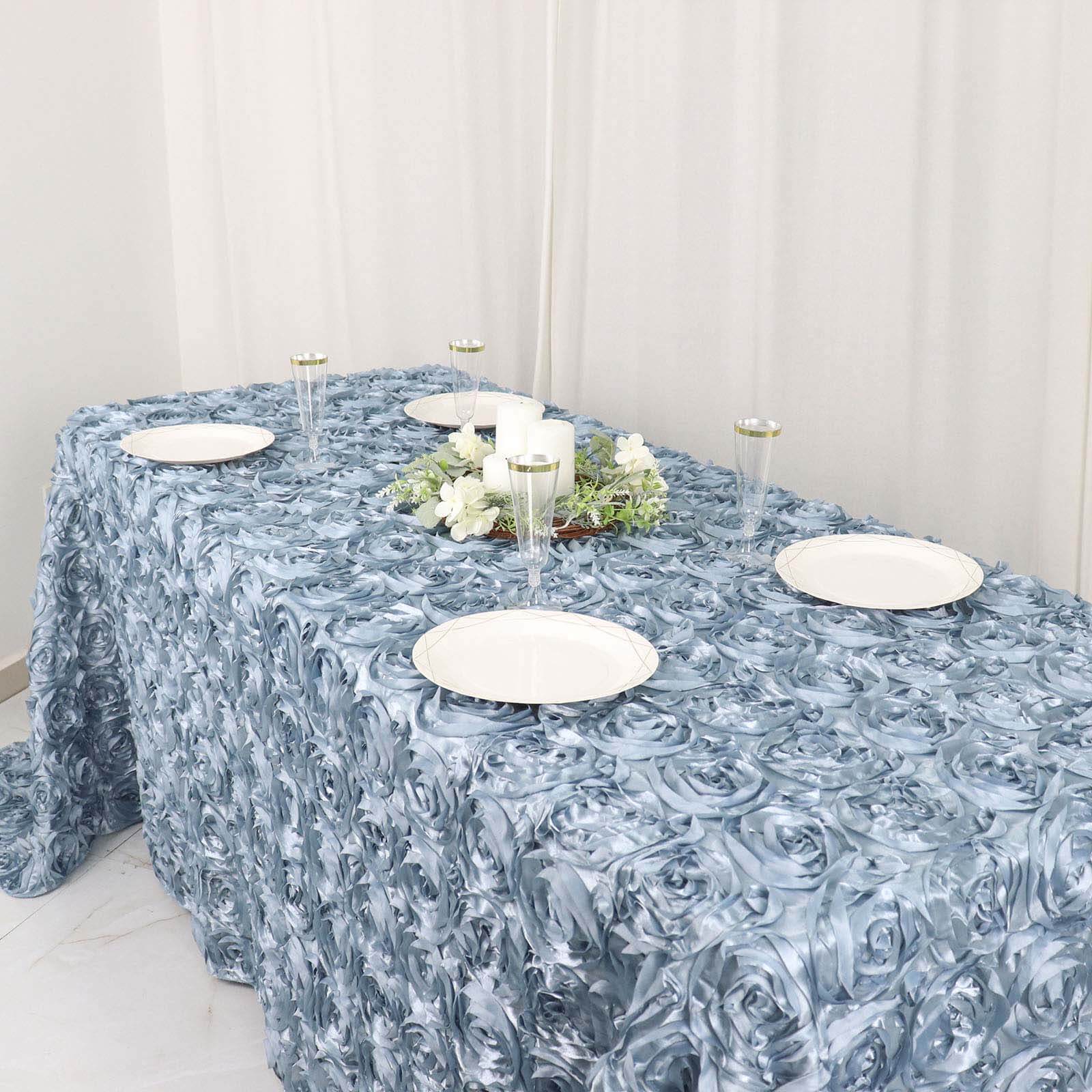 Dusty Blue High - Quality Satin 90x132 Rectangle Tablecloth with 3D Rosette Design