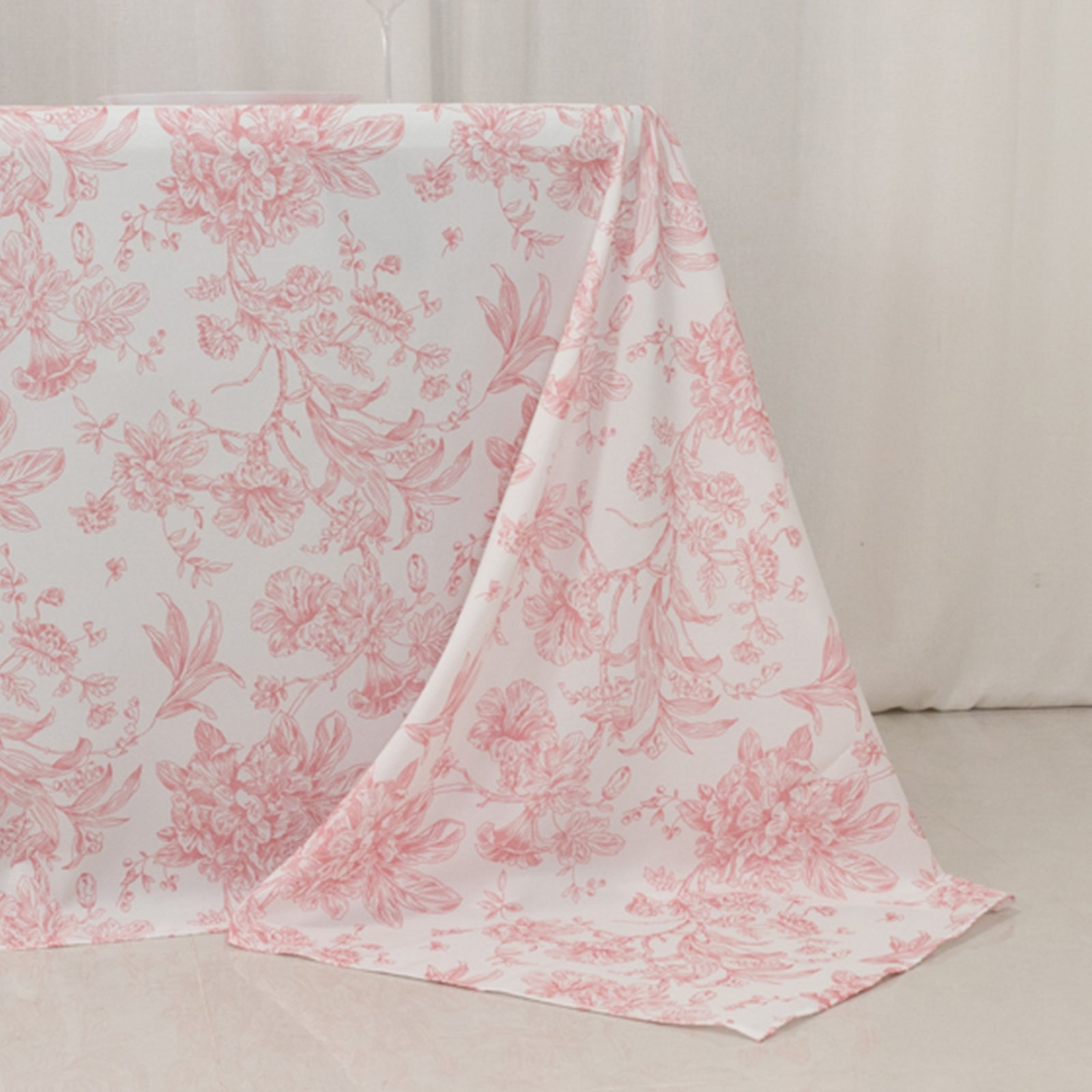 Exclusive Seamless Polyester Rectangle Tablecloth with Pink French Toile Pattern for Formal Celebrations - White