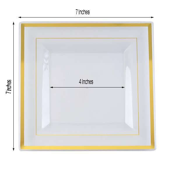 10-Pack Disposable Clear Square Salad & Dessert Plastic Plates with Elegant Gold Trim, 7 Inches