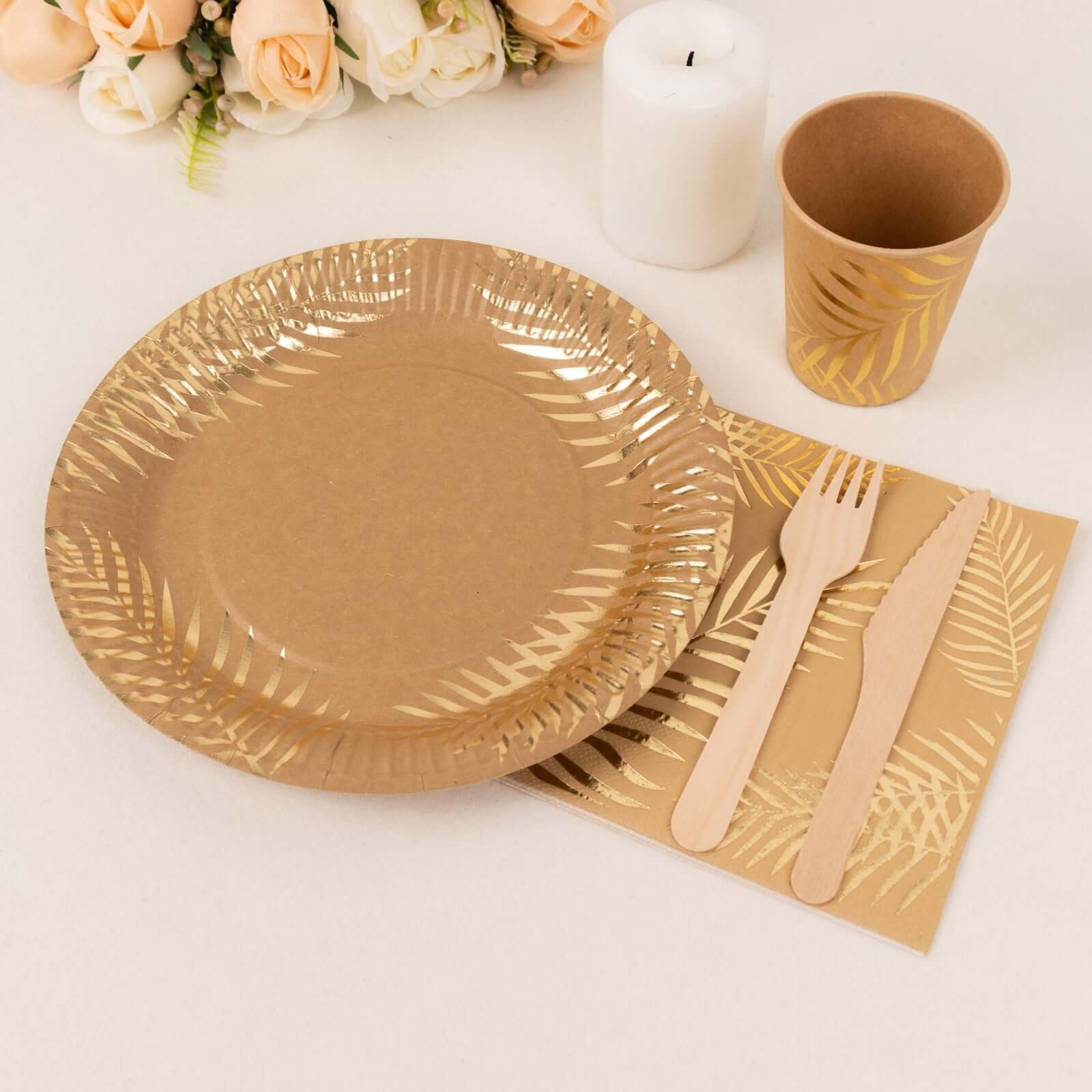 Hot Sale! 72-Piece Disposable Paper Dinnerware Set with Gold Foil Palm Leaves Print
