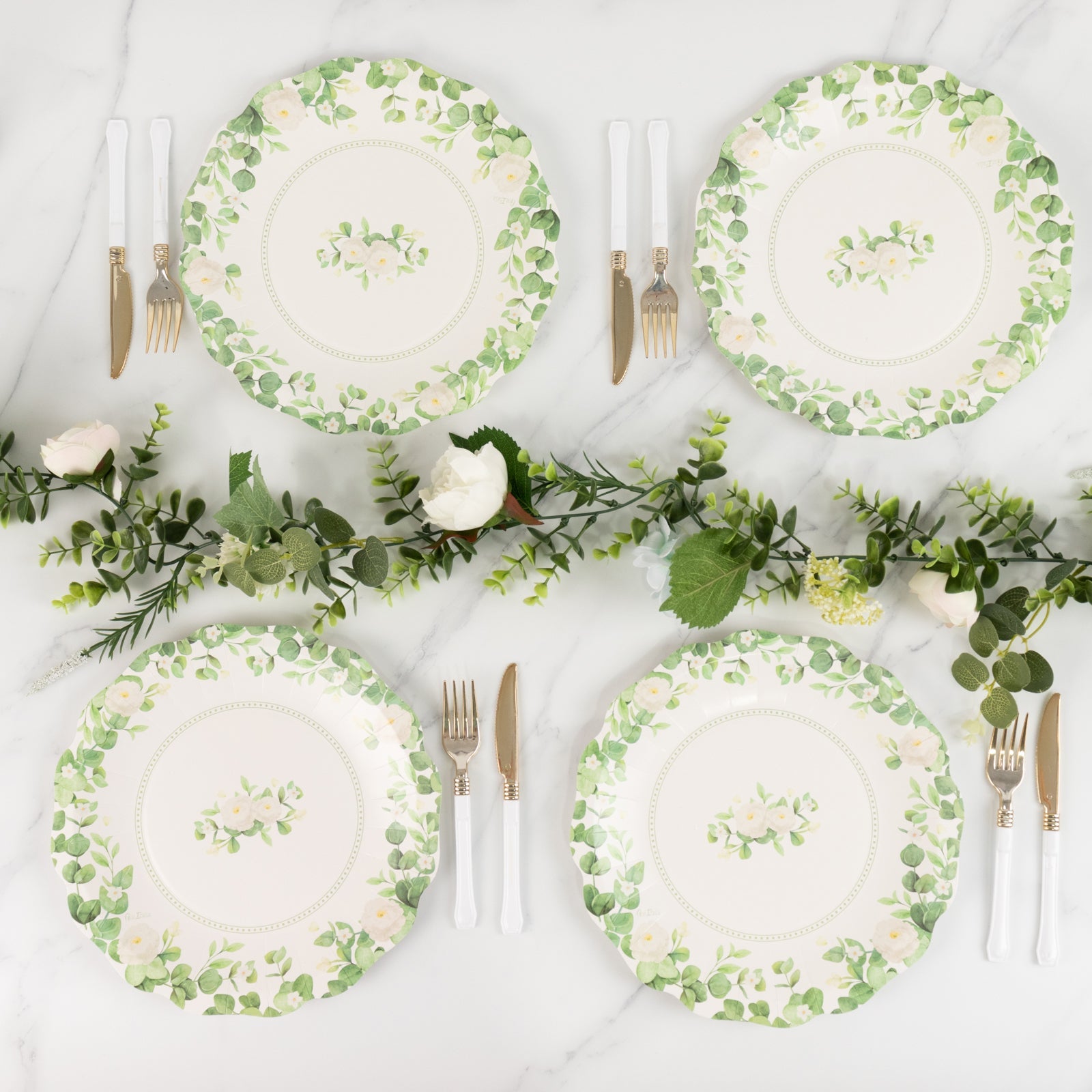 25-Pack 8-Inch White Paper Dessert Plates with Floral Greenery & Scalloped Edges - Ideal for Rustic Weddings and Garden Brunches