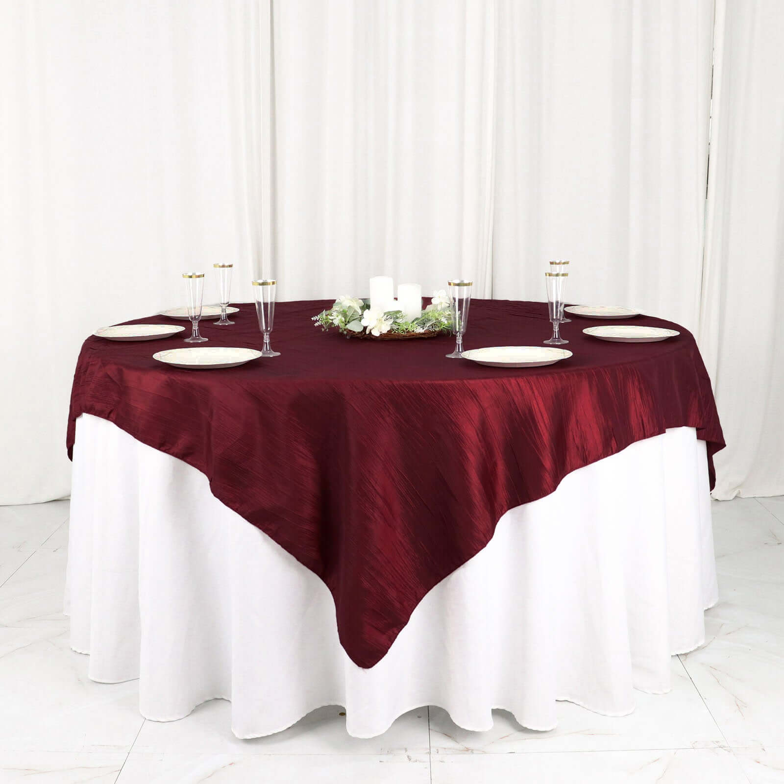 Hot! Burgundy 72x72 Square Accordion Crinkle Taffeta Table Overlay