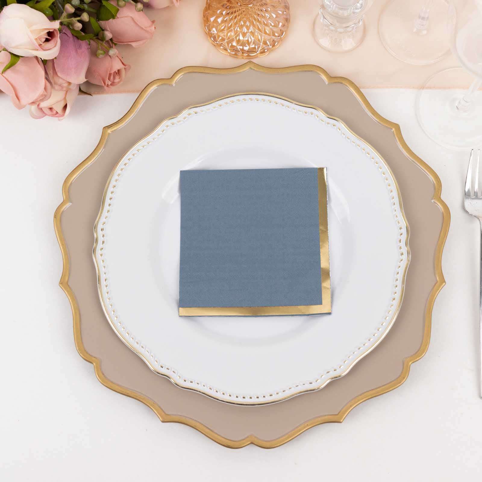 Hot! 50-Pack 2-Ply Disposable 18GSM Dusty Blue Cocktail Napkins with Gold Foil Edge 5x5