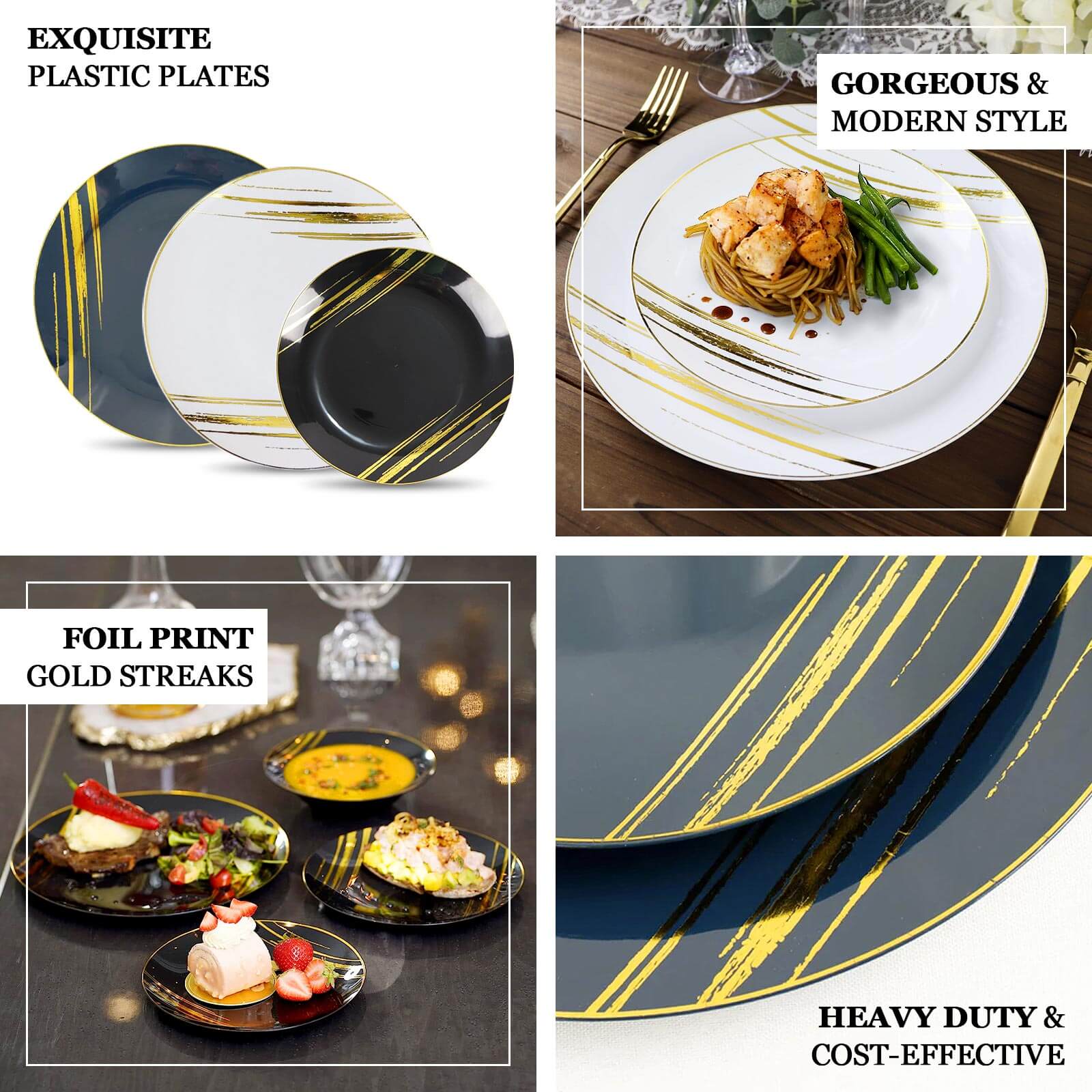 10-Piece Set of Disposable Black Plastic Dessert Plates with Gold Brush Print for Modern Events
