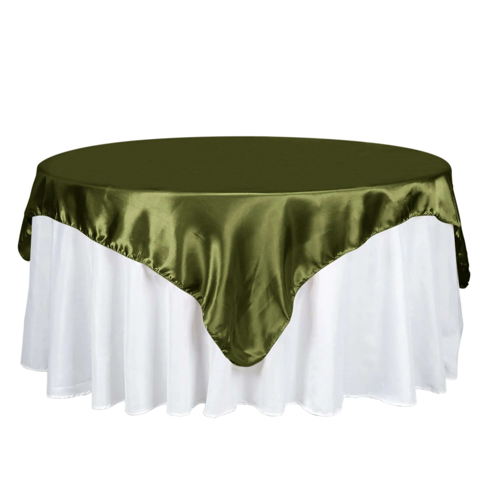 Olive Green Satin 72x72 Square Table Overlay - Smooth Finish Table Cover, Ideal for Events