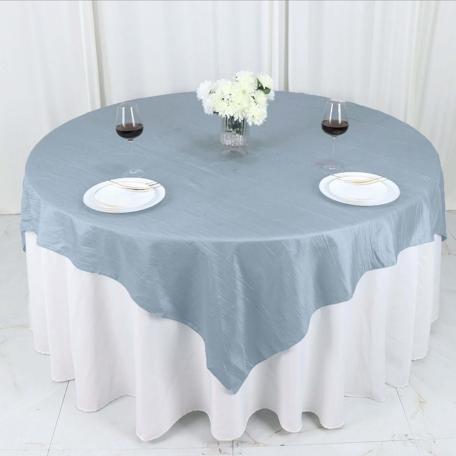 Special Offer! Dusty Blue Accordion Crinkle Taffeta Square Table Overlay 72x72