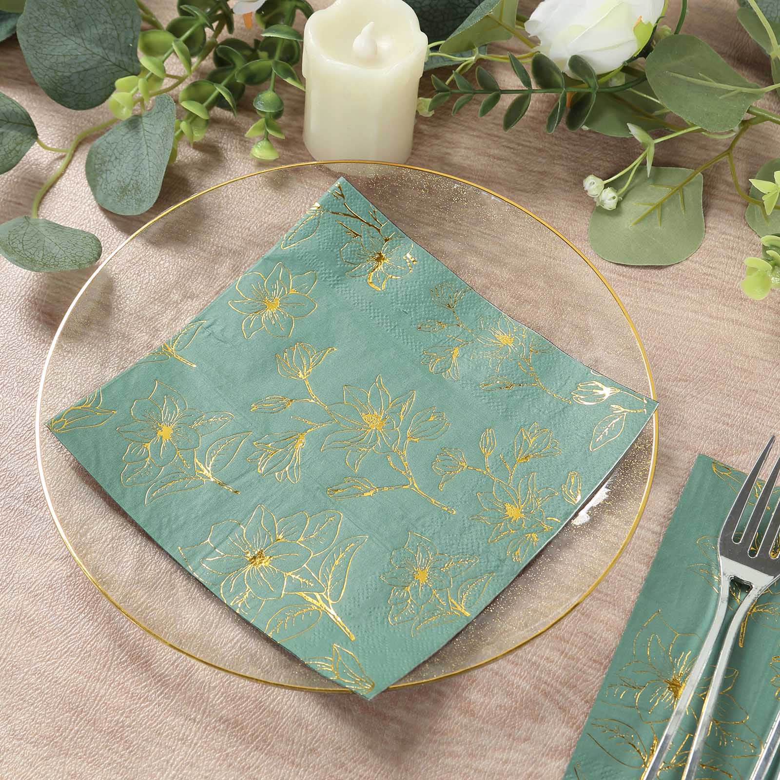 Get 50-Pack 2-Ply Absorbent Paper Cocktail Napkins with Gold Magnolia Prints in Dusty Sage Green
