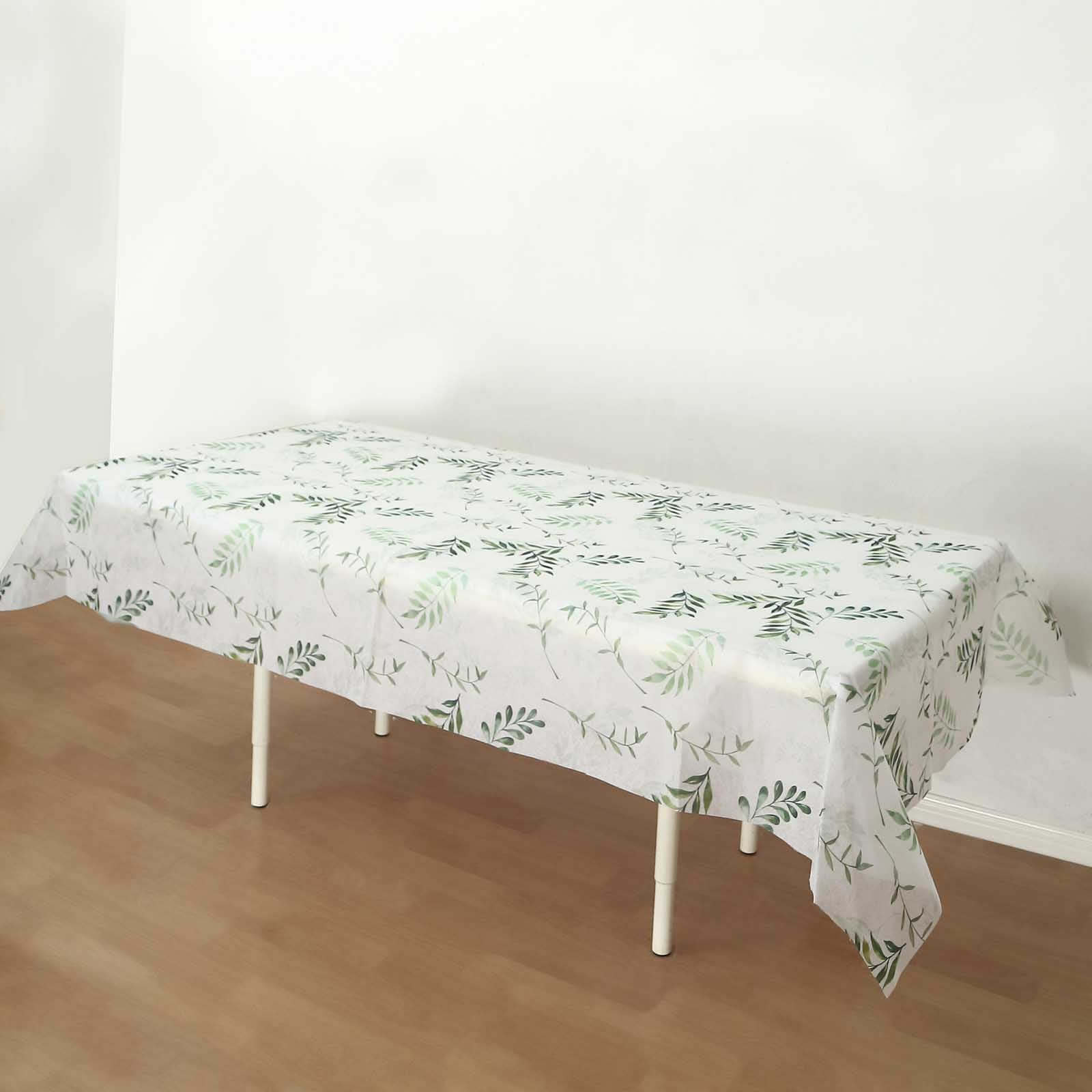 Hot Deal! Disposable Non-Woven Rectangle Tablecloth in White/Green with Olive Leaves Print, 60x102 for Summer